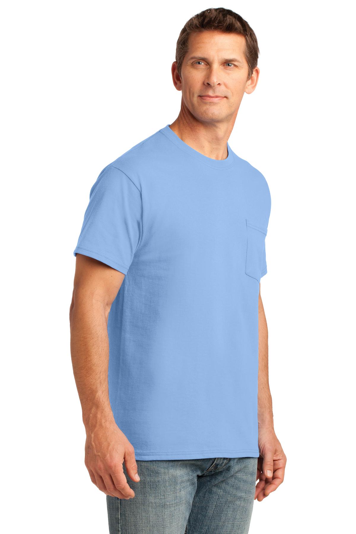 Light Blue Port & Co Core Cotton Pocket Tee. PC54P