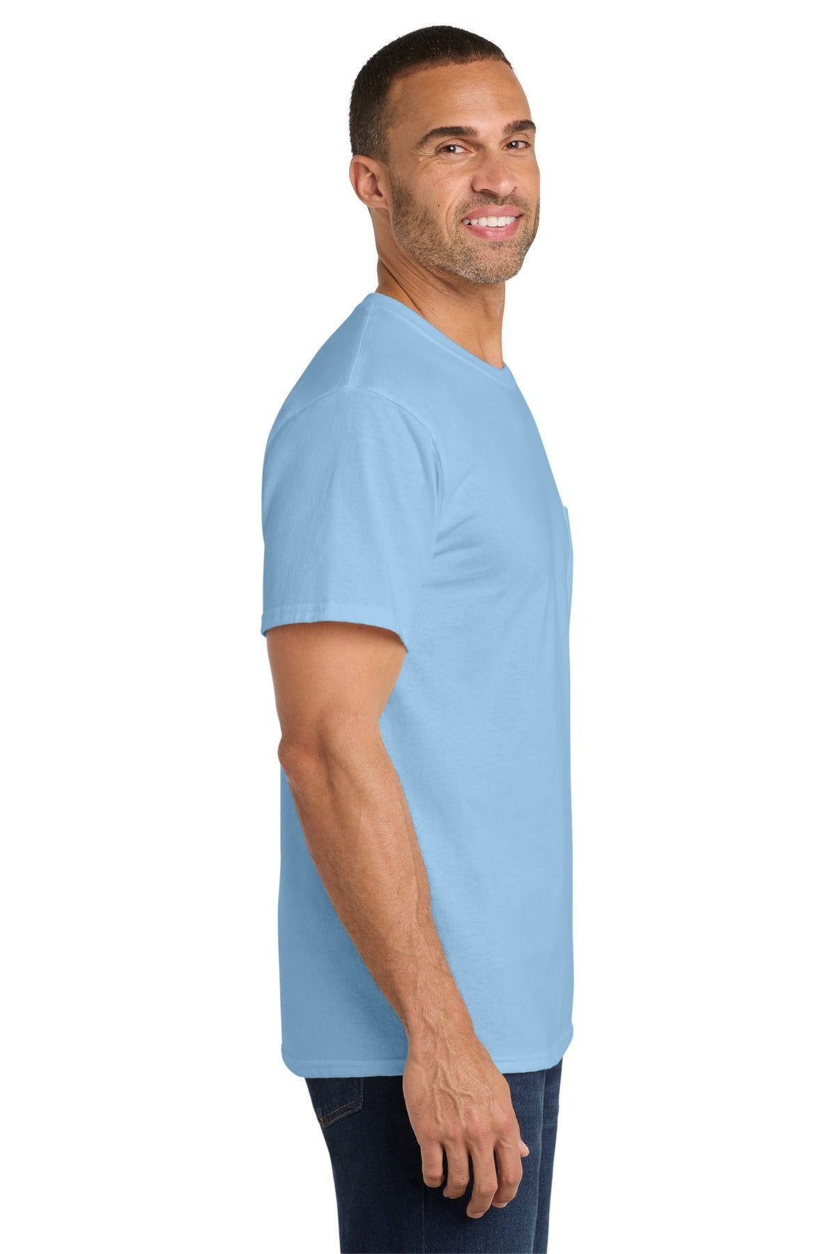 Light Blue Port & Co Core Cotton Pocket Tee. PC54P