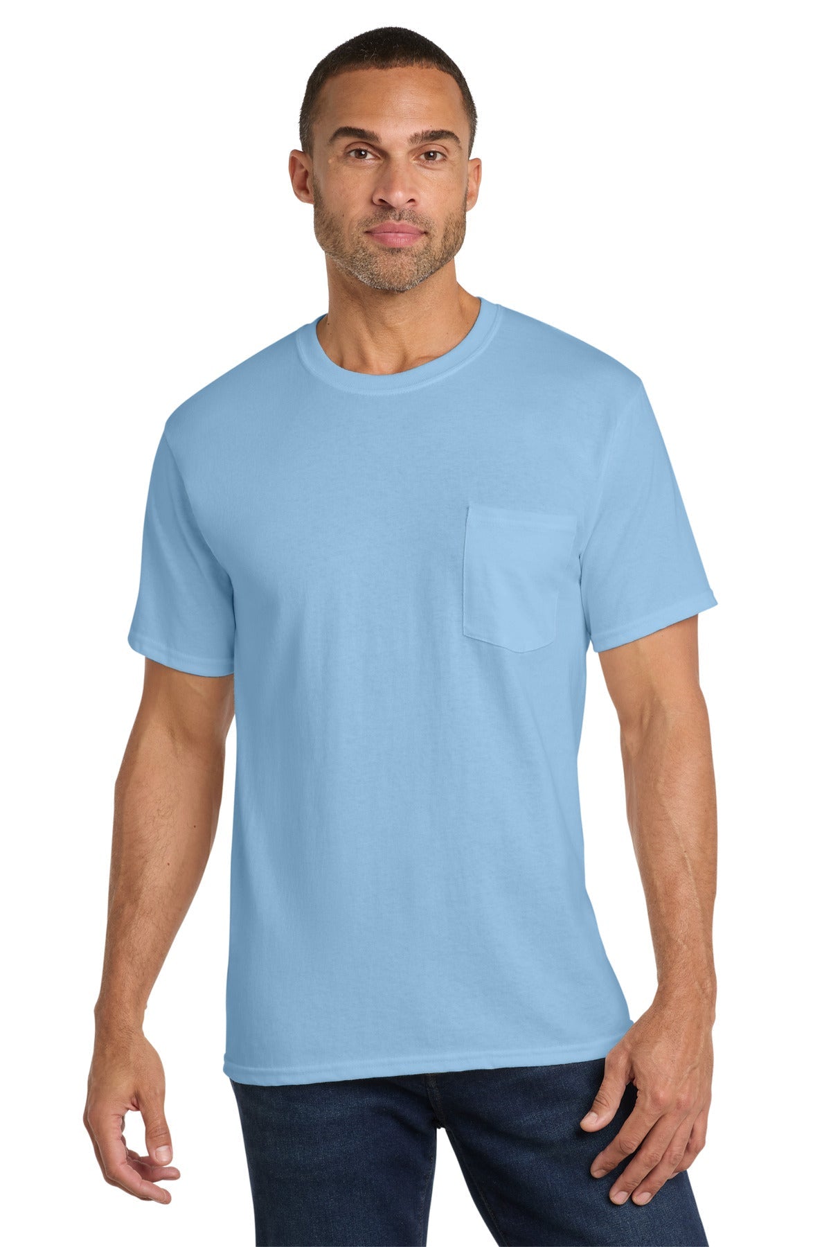 Light Blue Port & Co Core Cotton Pocket Tee. PC54P