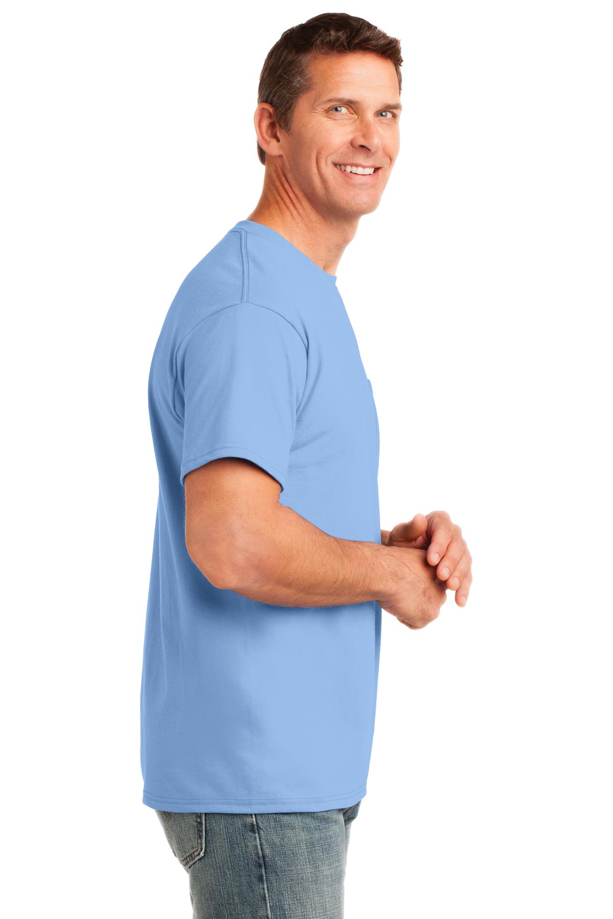 Light Blue Port & Co Core Cotton Pocket Tee. PC54P