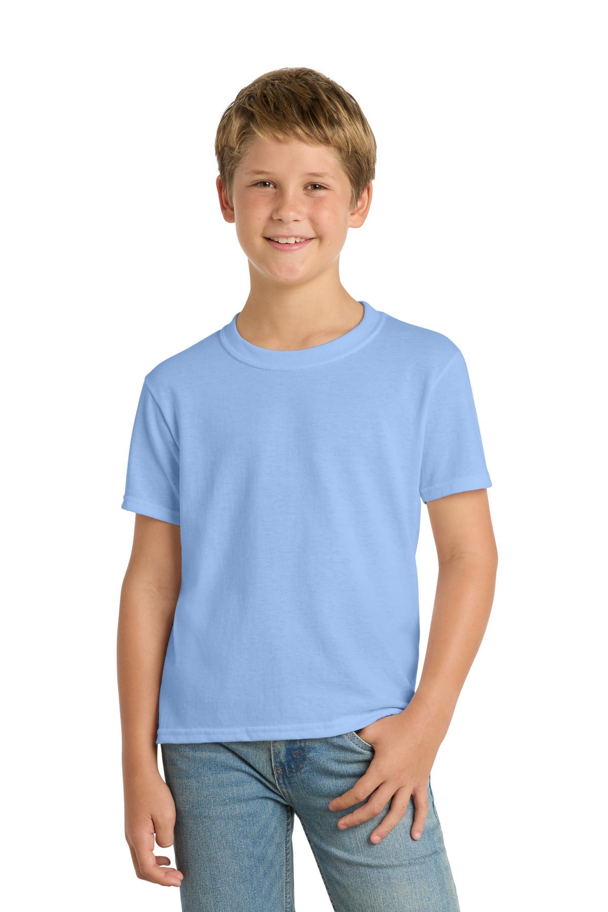 Light Blue Port & Co Youth Core Blend Tee. PC55Y