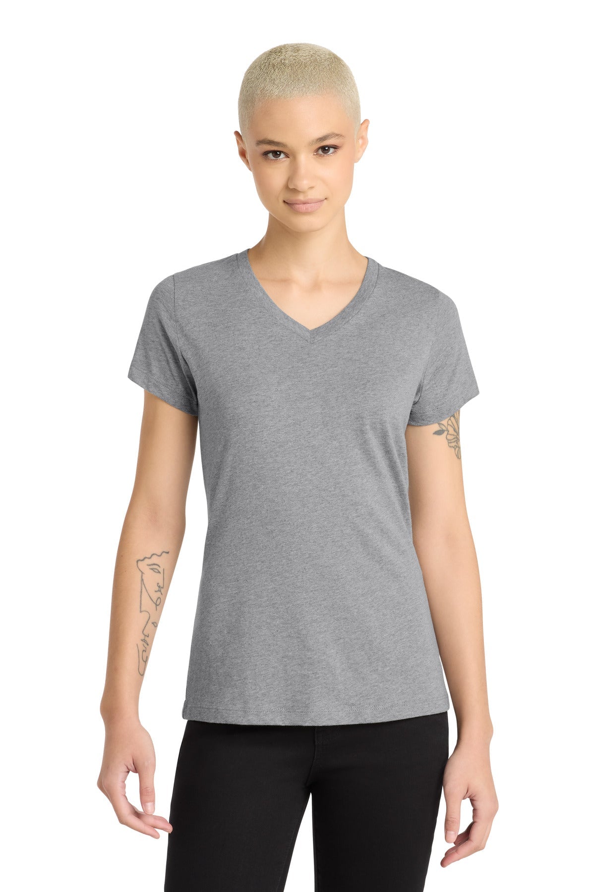 Lt Hthr Grey District Women's Perfect Blend CVC V-Neck Tee. DM1190L