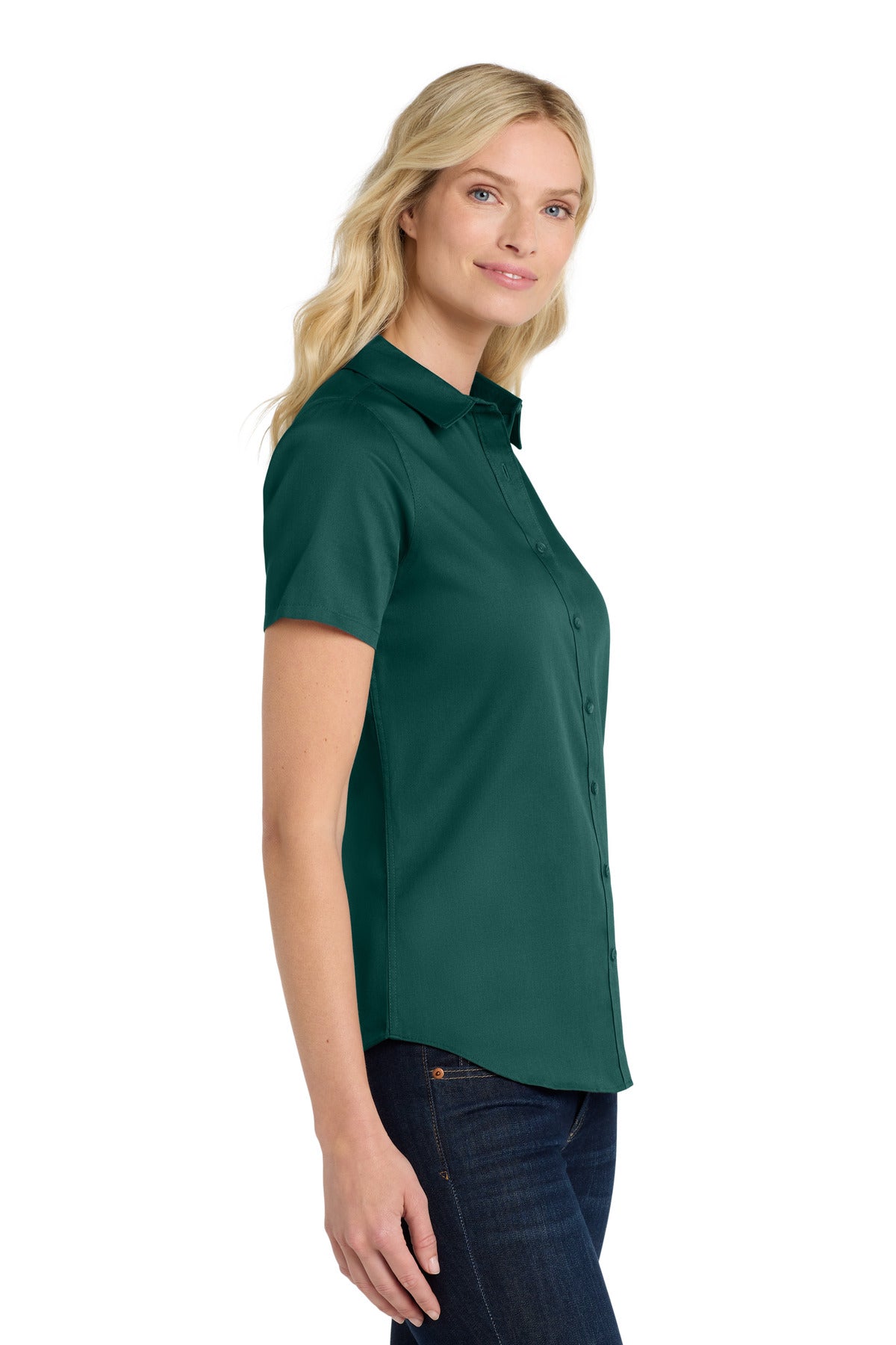 MarineGrn Port Authority Women's Short Sleeve SuperPro React Twill Shirt. LW809