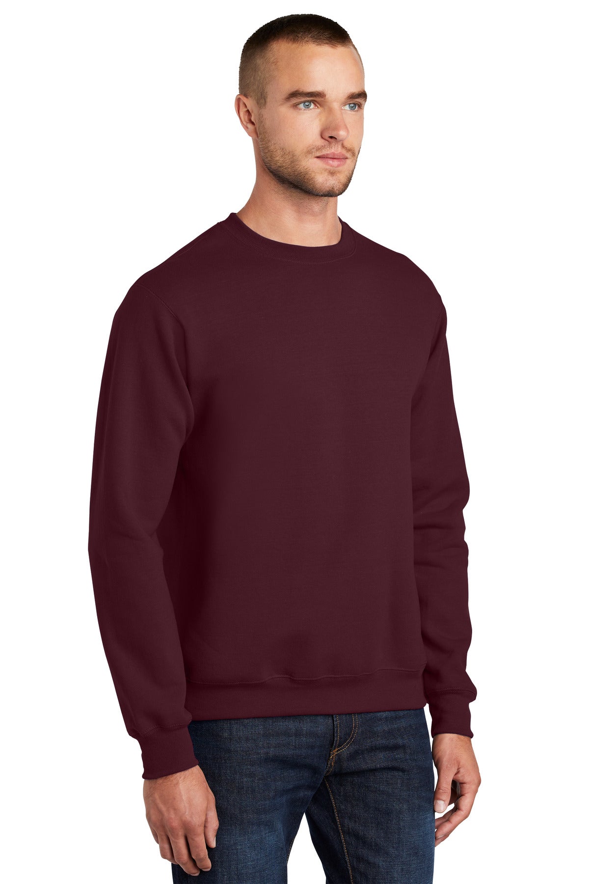 Maroon Port & Co Essential Fleece Crewneck Sweatshirt. PC90