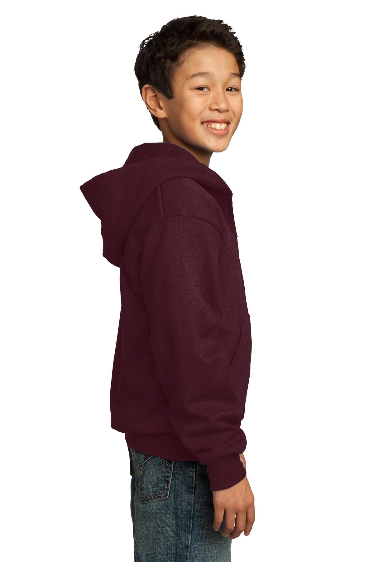 Maroon Port & Co Youth Core Fleece Full-Zip Hooded Sweatshirt. PC90YZH