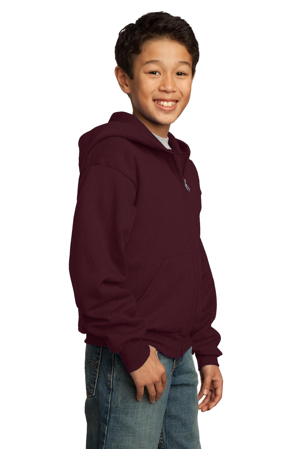 Maroon Port & Co Youth Core Fleece Full-Zip Hooded Sweatshirt. PC90YZH