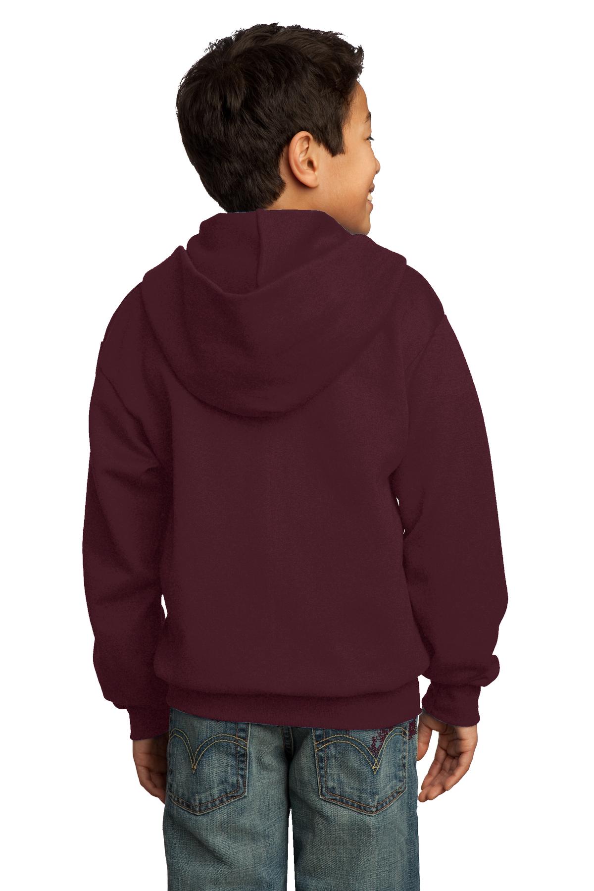 Maroon Port & Co Youth Core Fleece Full-Zip Hooded Sweatshirt. PC90YZH