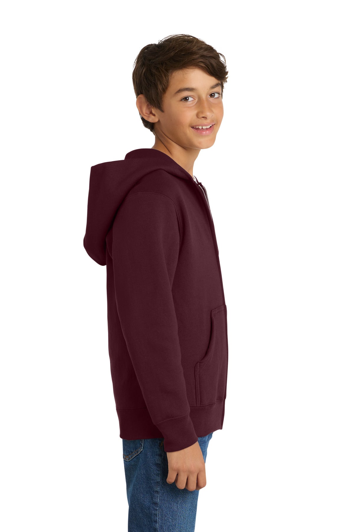 Maroon Port & Co Youth Core Fleece Full-Zip Hooded Sweatshirt. PC90YZH