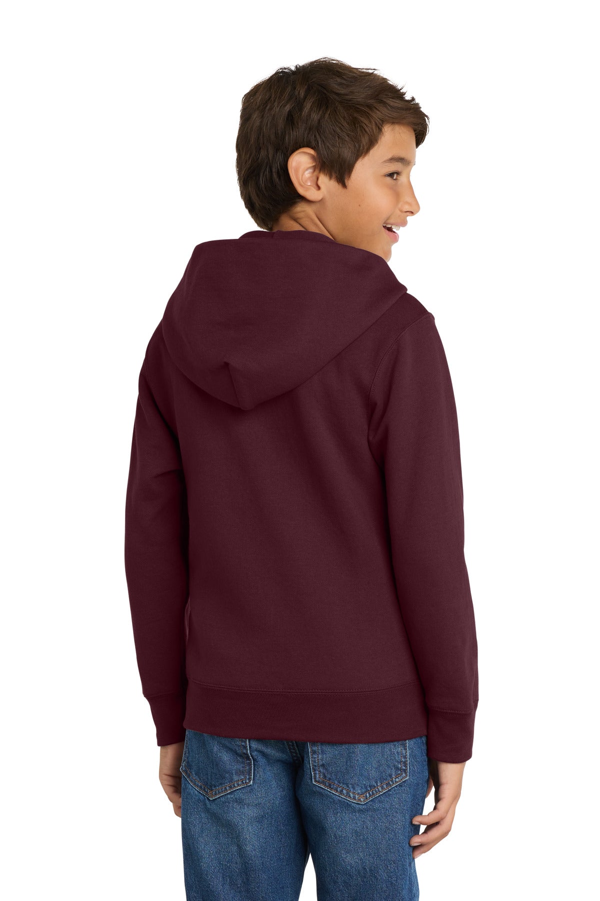 Maroon Port & Co Youth Core Fleece Full-Zip Hooded Sweatshirt. PC90YZH