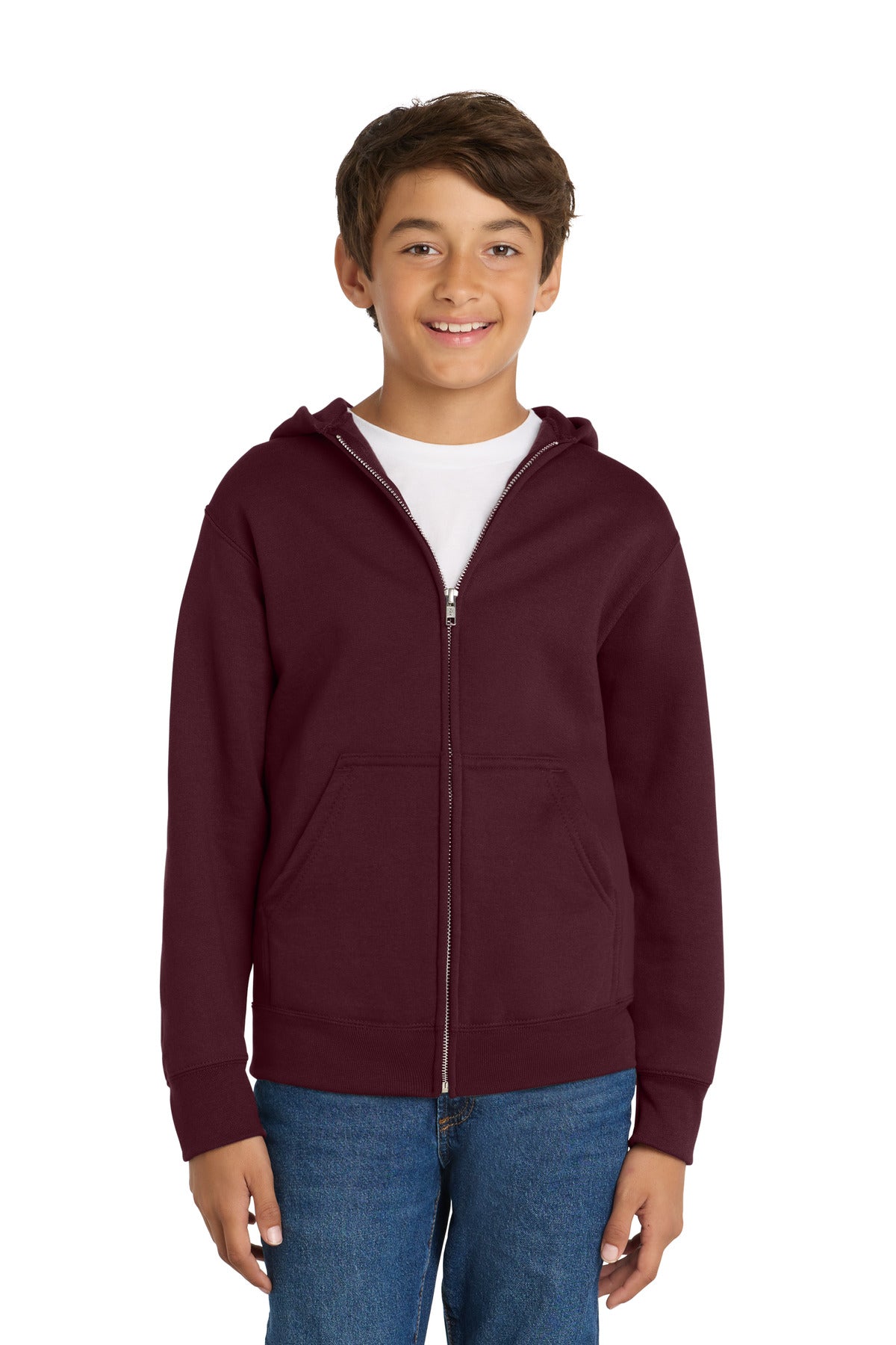 Maroon Port & Co Youth Core Fleece Full-Zip Hooded Sweatshirt. PC90YZH