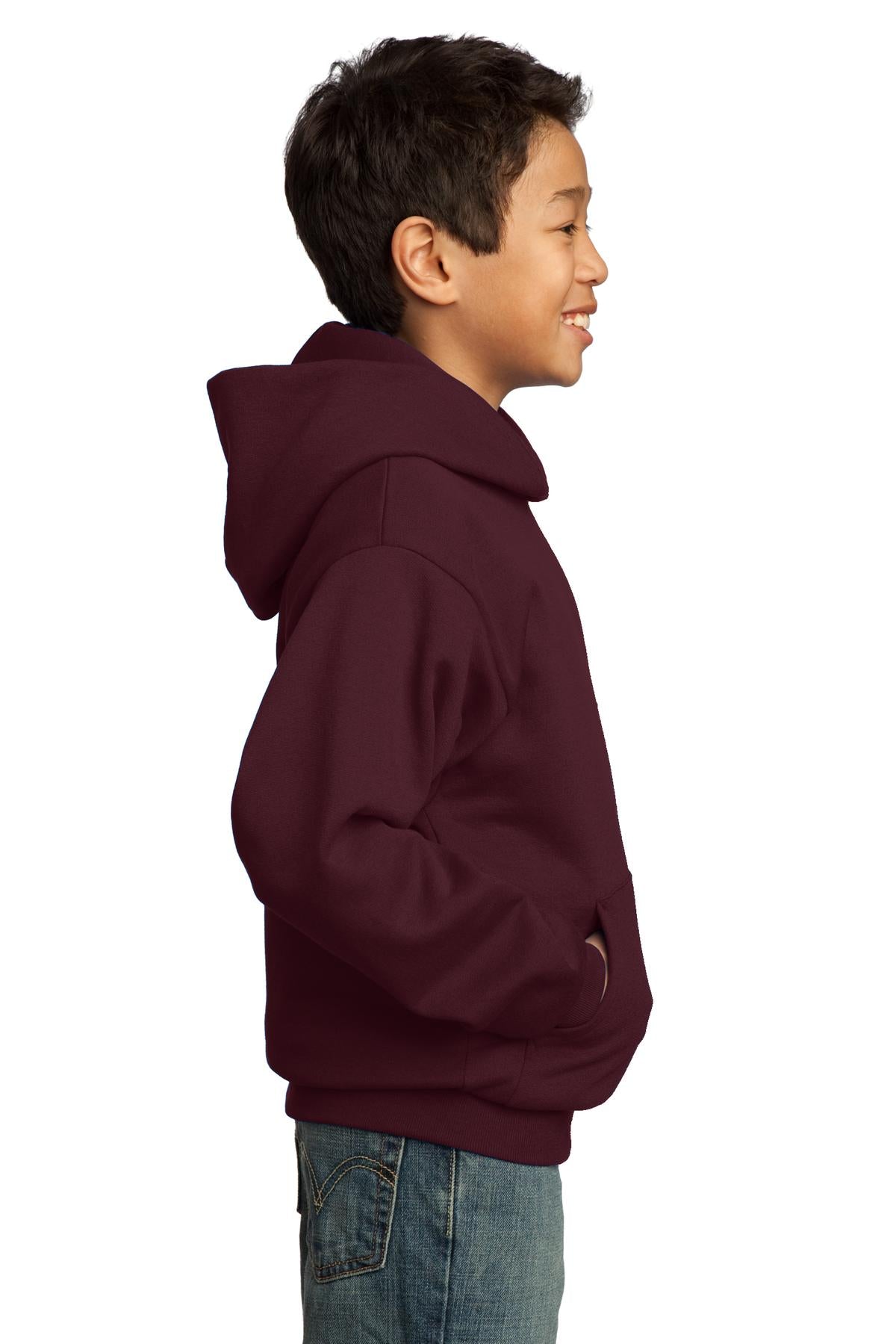 Maroon Port & Co Youth Core Fleece Pullover Hooded Sweatshirt. PC90YH