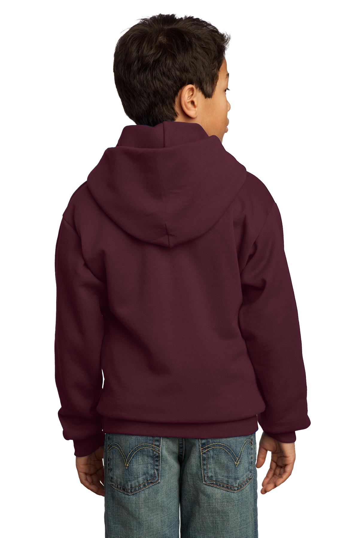 Maroon Port & Co Youth Core Fleece Pullover Hooded Sweatshirt. PC90YH