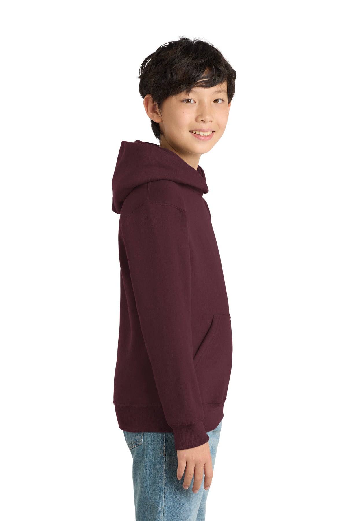 Maroon Port & Co Youth Core Fleece Pullover Hooded Sweatshirt. PC90YH