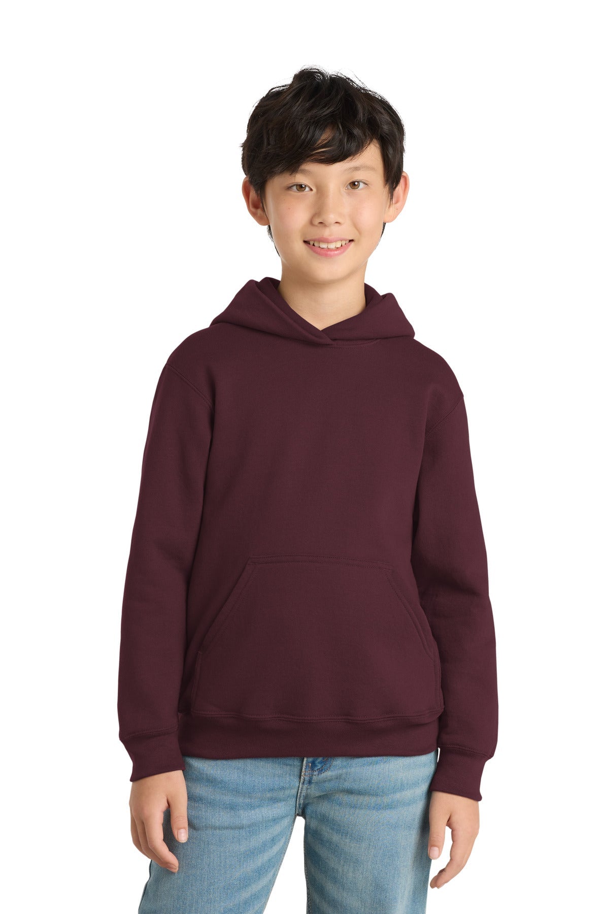 Maroon Port & Co Youth Core Fleece Pullover Hooded Sweatshirt. PC90YH