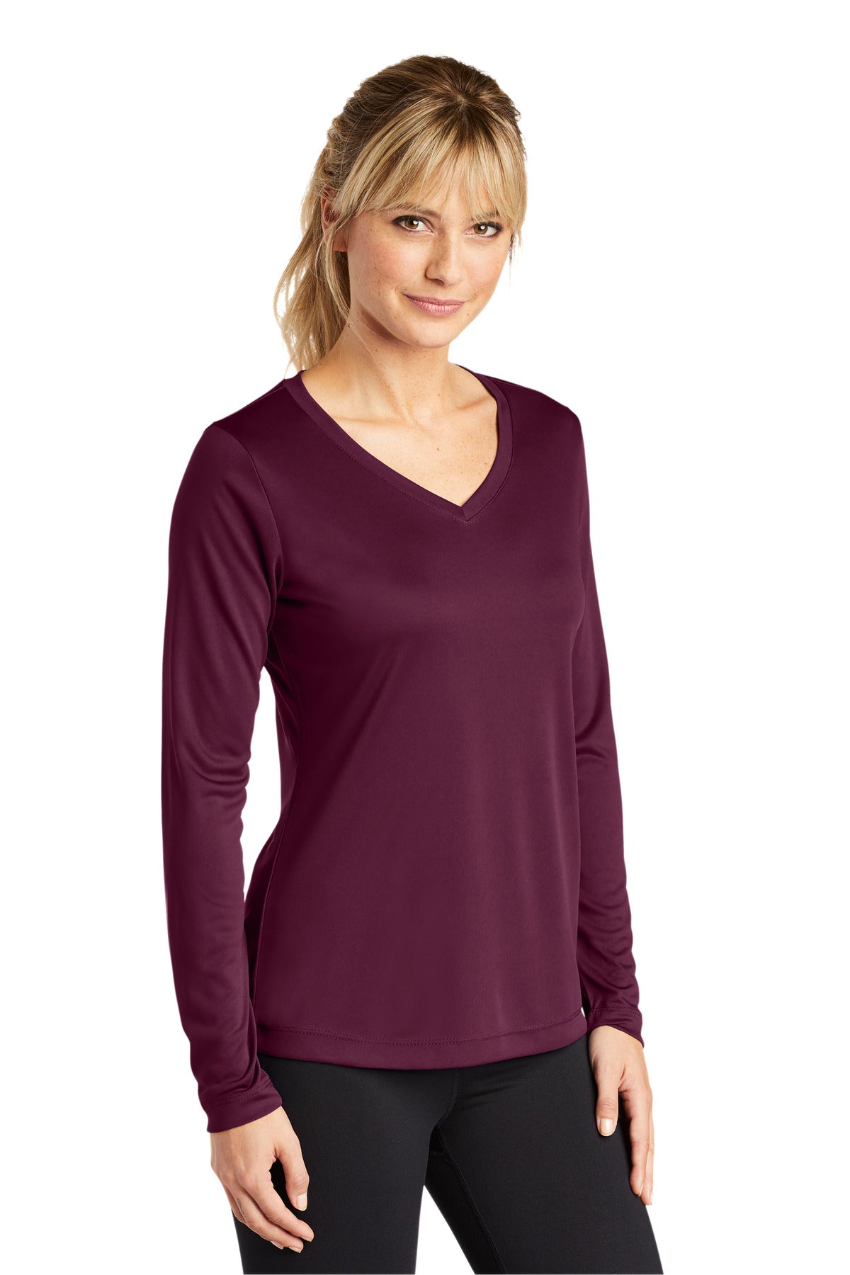 Maroon Sport-Tek Women's Long Sleeve PosiCharge Competitor V-Neck Tee. LST353LS