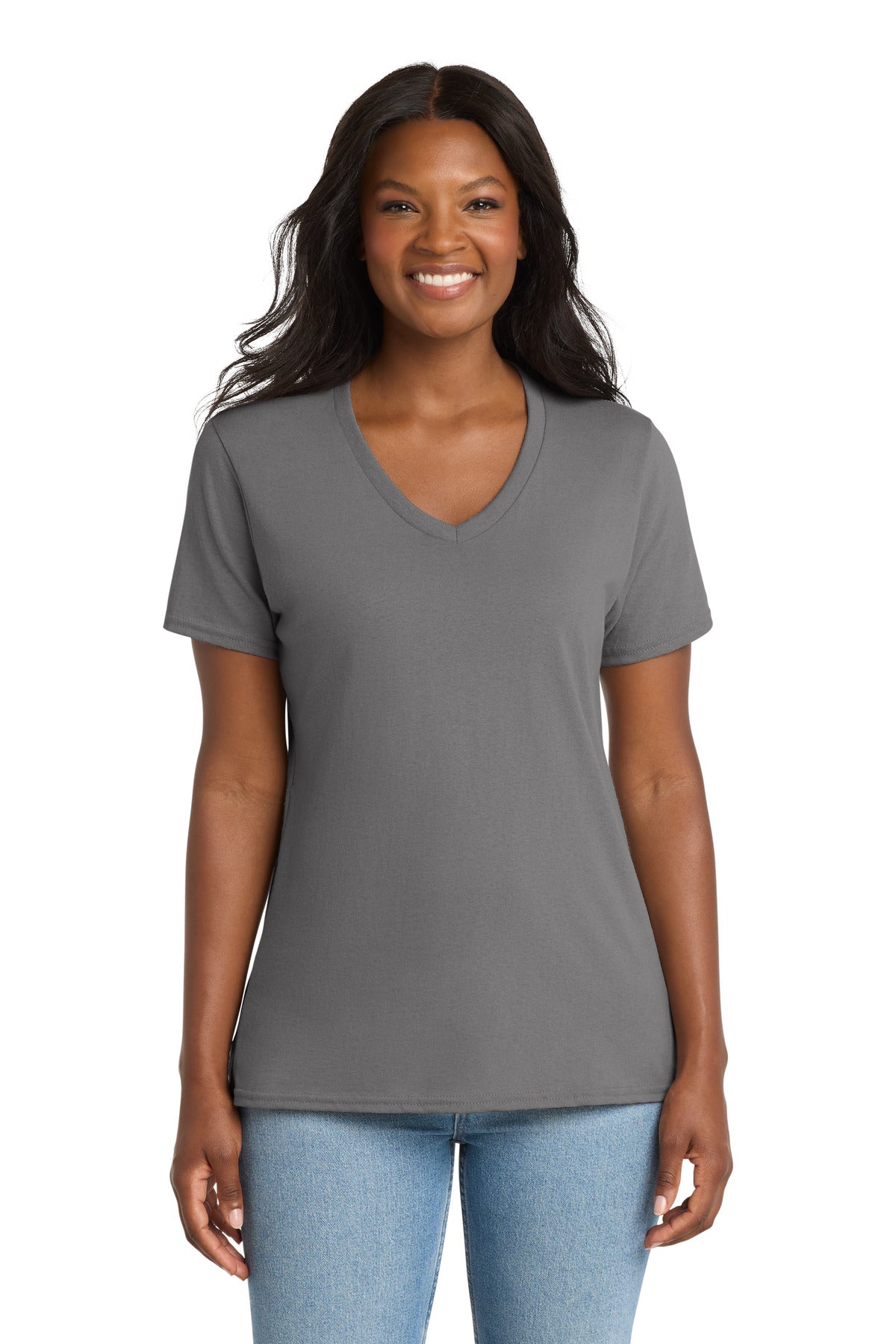 Medium Grey Port & Co Women's Core Cotton V-Neck Tee. LPC54V
