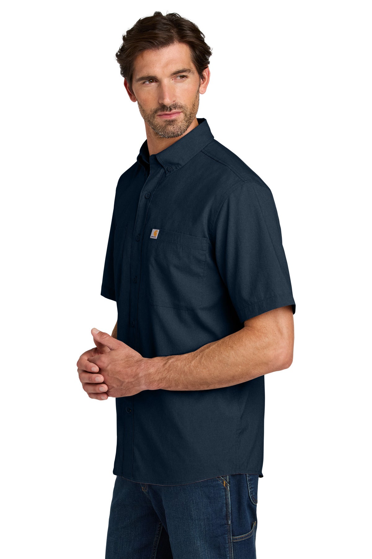 Navy Carhartt Force Sun Defender Short Sleeve Shirt CT107107