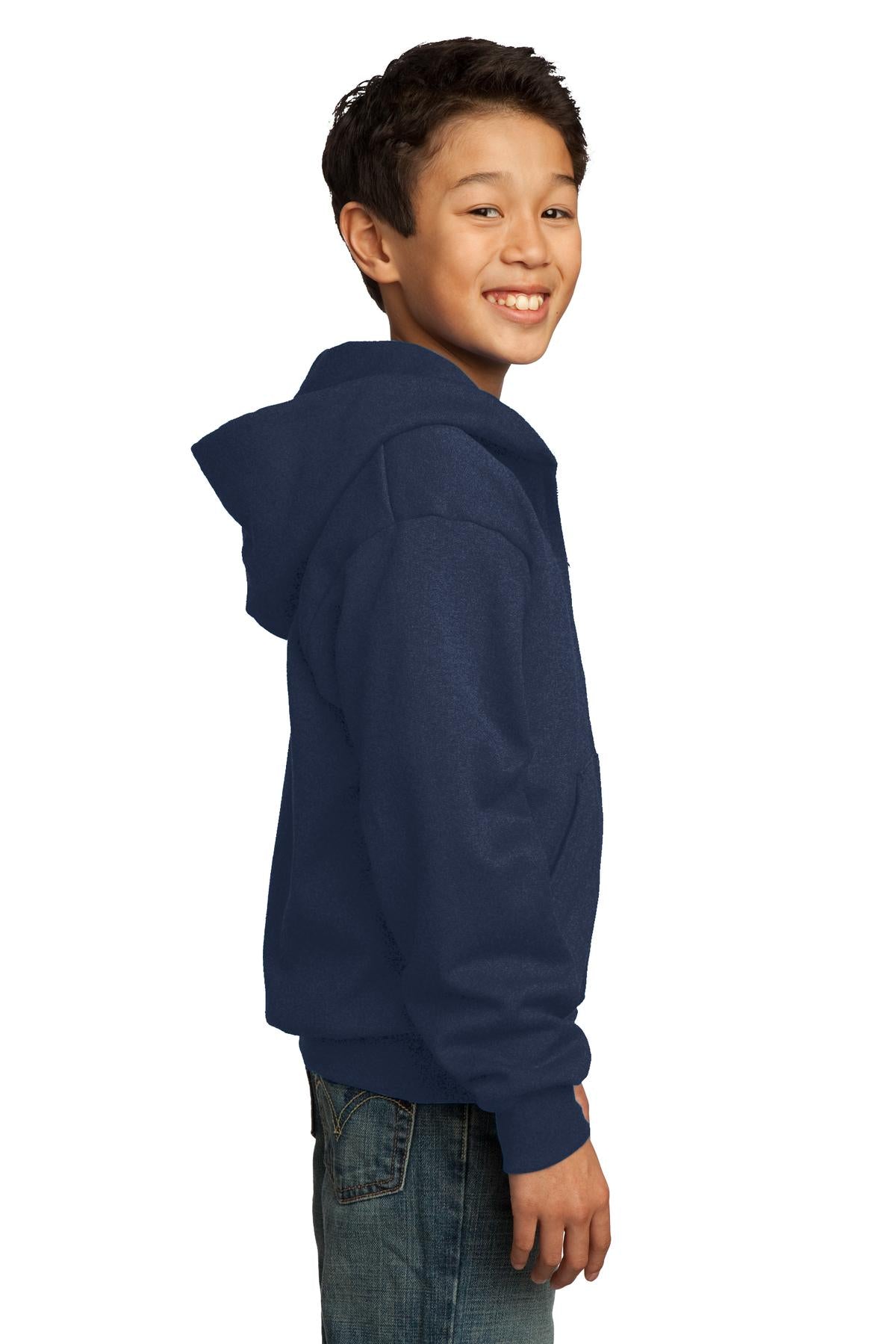 Navy Port & Co Youth Core Fleece Full-Zip Hooded Sweatshirt. PC90YZH