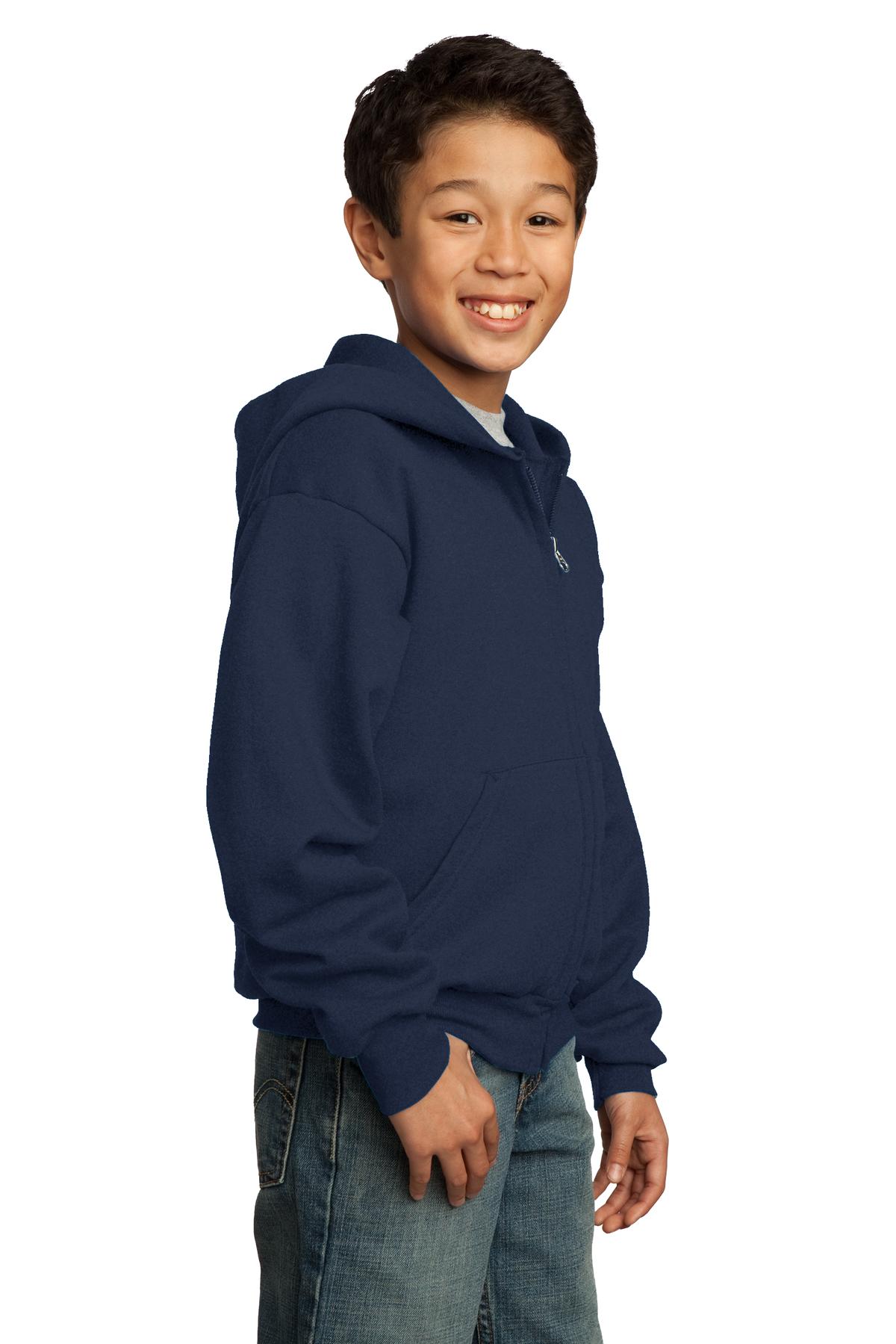 Navy Port & Co Youth Core Fleece Full-Zip Hooded Sweatshirt. PC90YZH