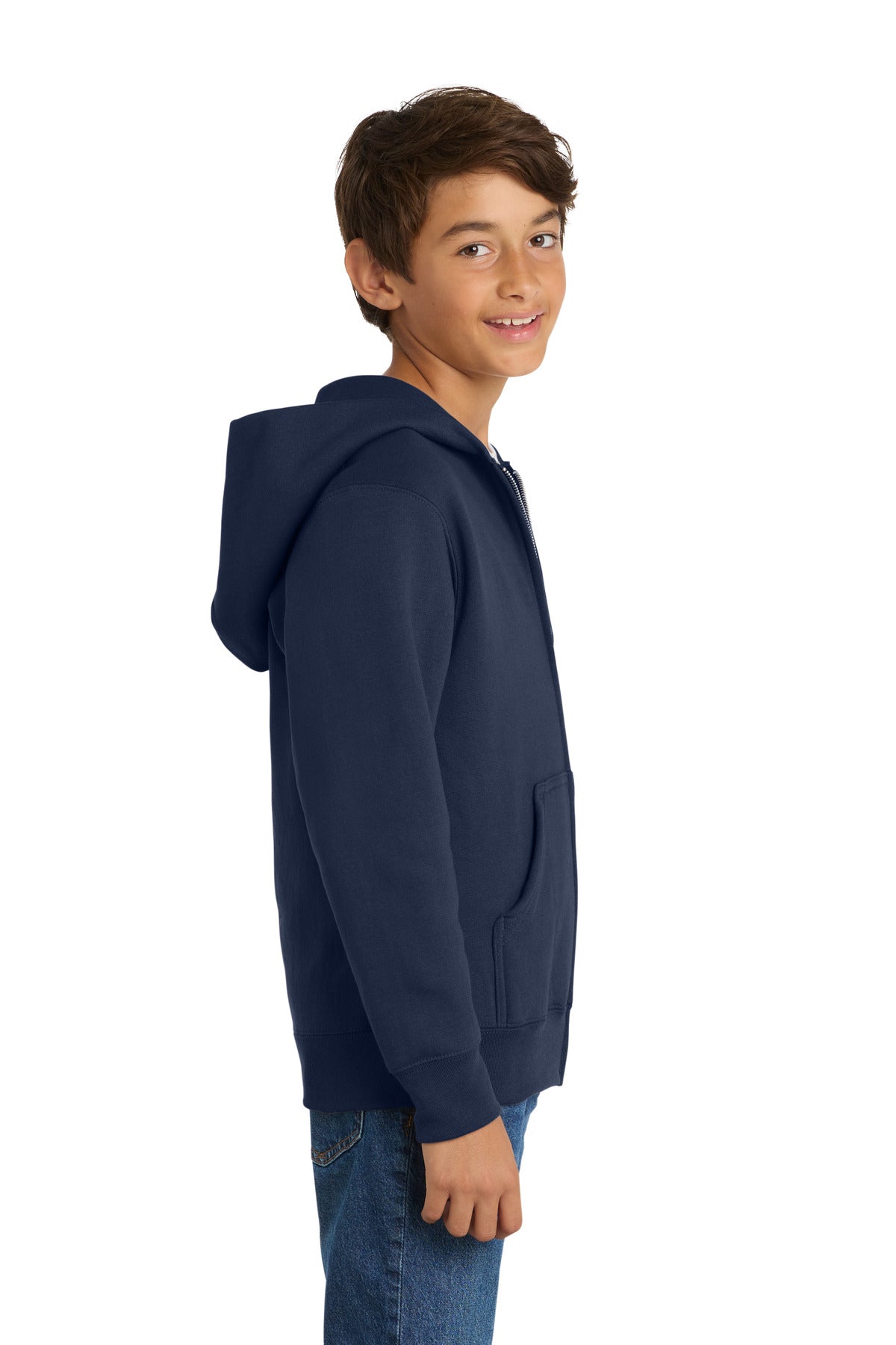 Navy Port & Co Youth Core Fleece Full-Zip Hooded Sweatshirt. PC90YZH