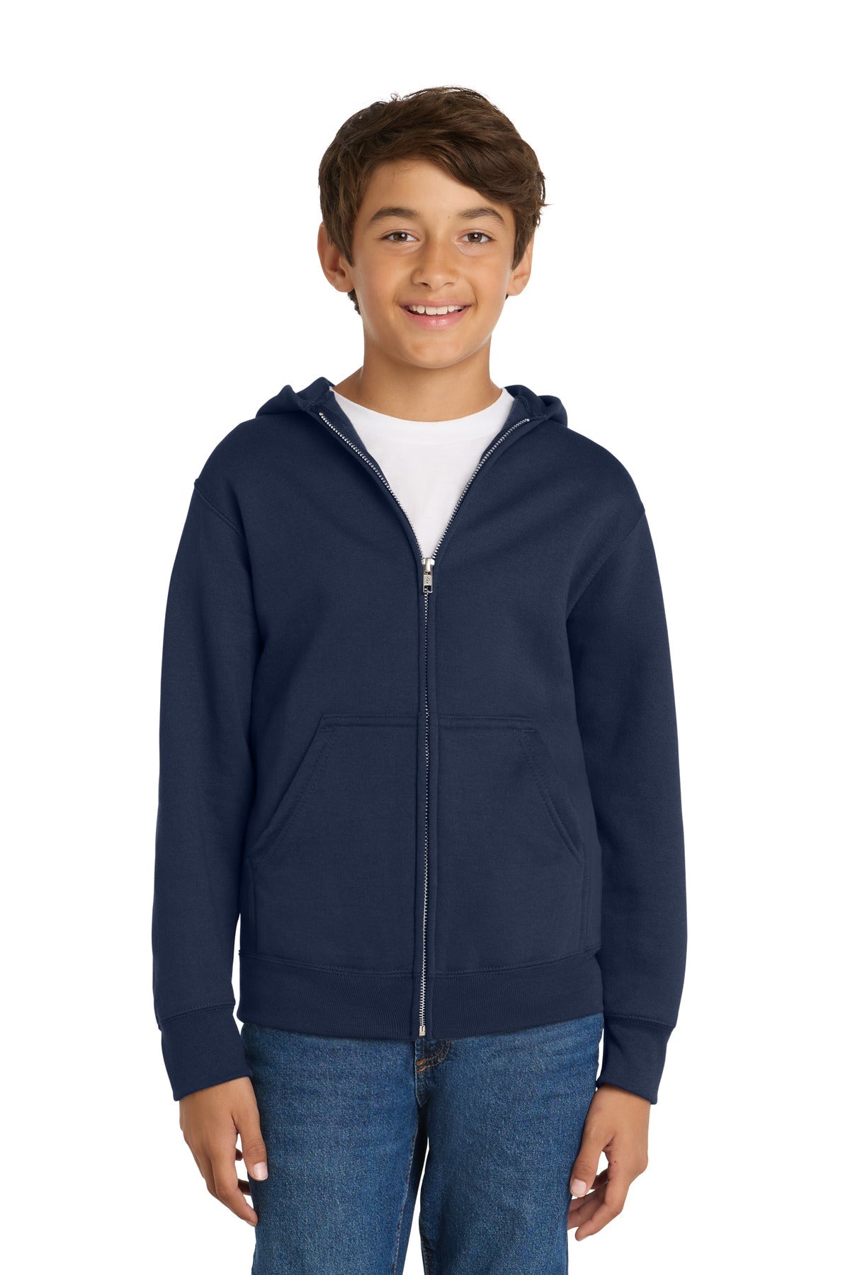 Navy Port & Co Youth Core Fleece Full-Zip Hooded Sweatshirt. PC90YZH