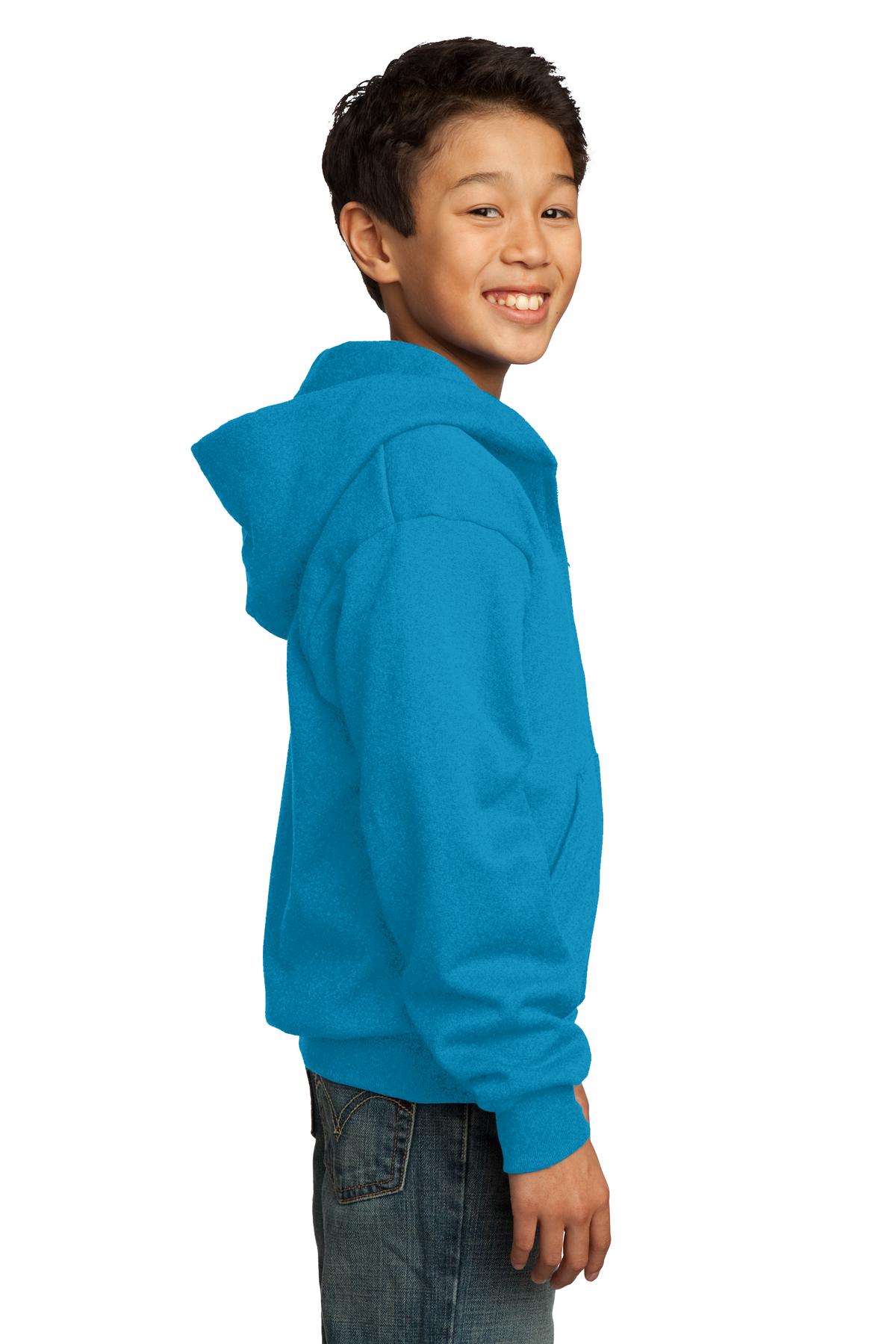 Neon Blue Port & Co Youth Core Fleece Full-Zip Hooded Sweatshirt. PC90YZH