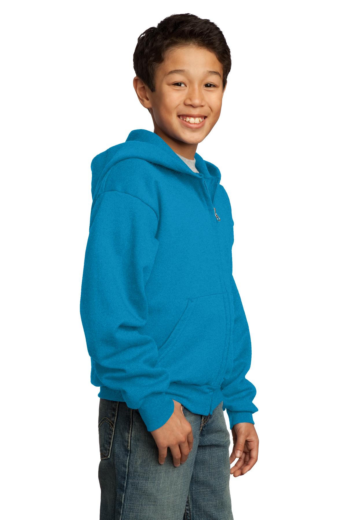 Neon Blue Port & Co Youth Core Fleece Full-Zip Hooded Sweatshirt. PC90YZH