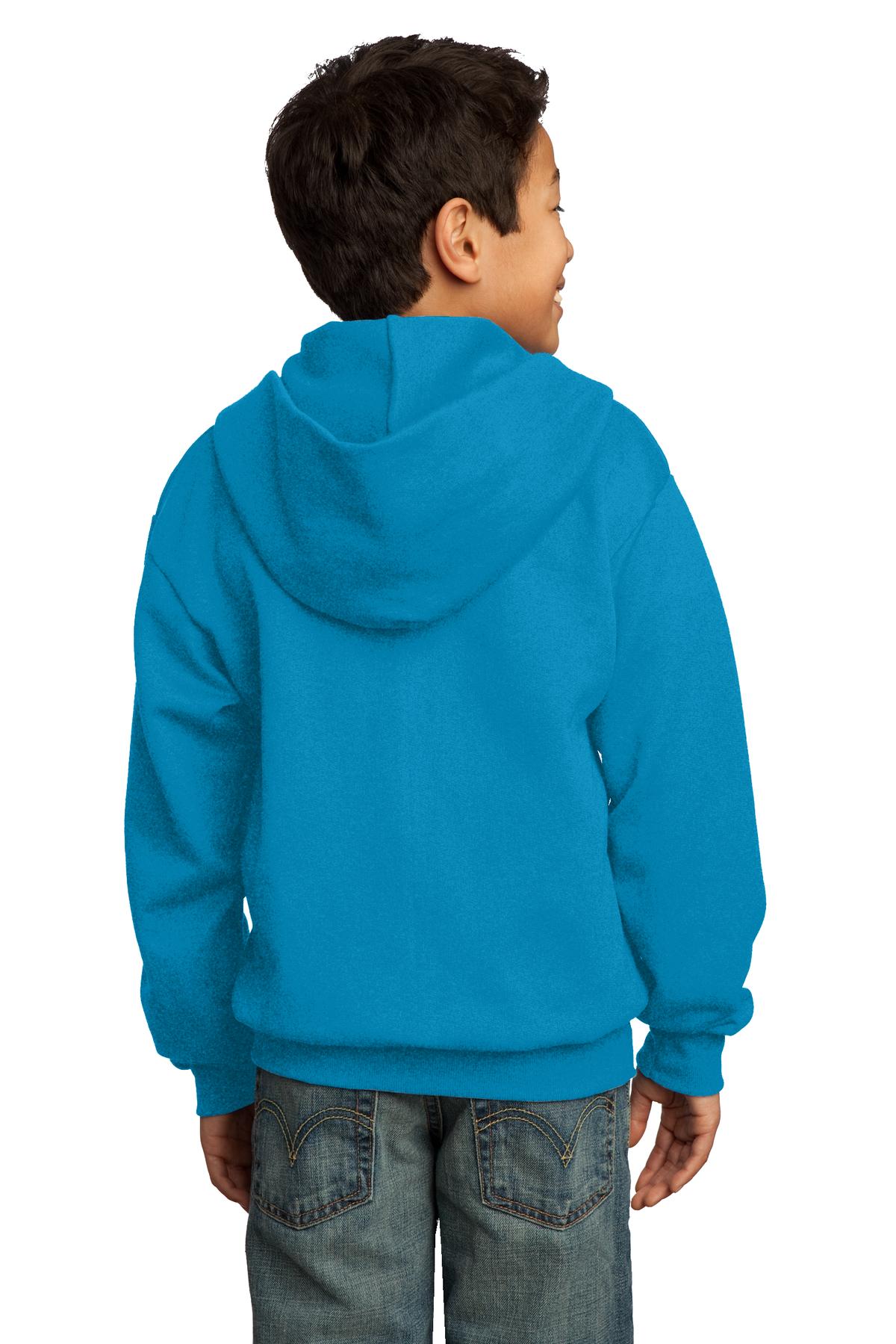 Neon Blue Port & Co Youth Core Fleece Full-Zip Hooded Sweatshirt. PC90YZH