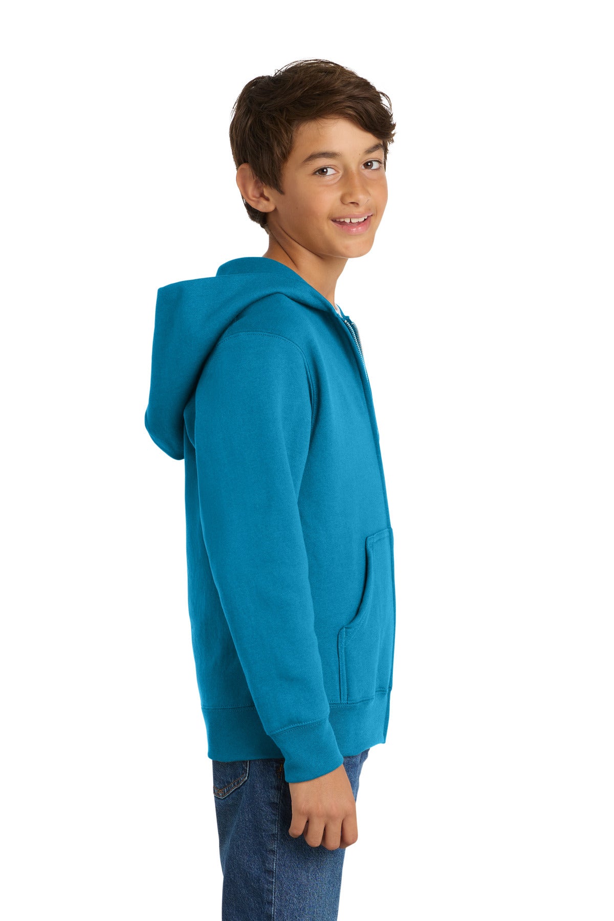 Neon Blue Port & Co Youth Core Fleece Full-Zip Hooded Sweatshirt. PC90YZH