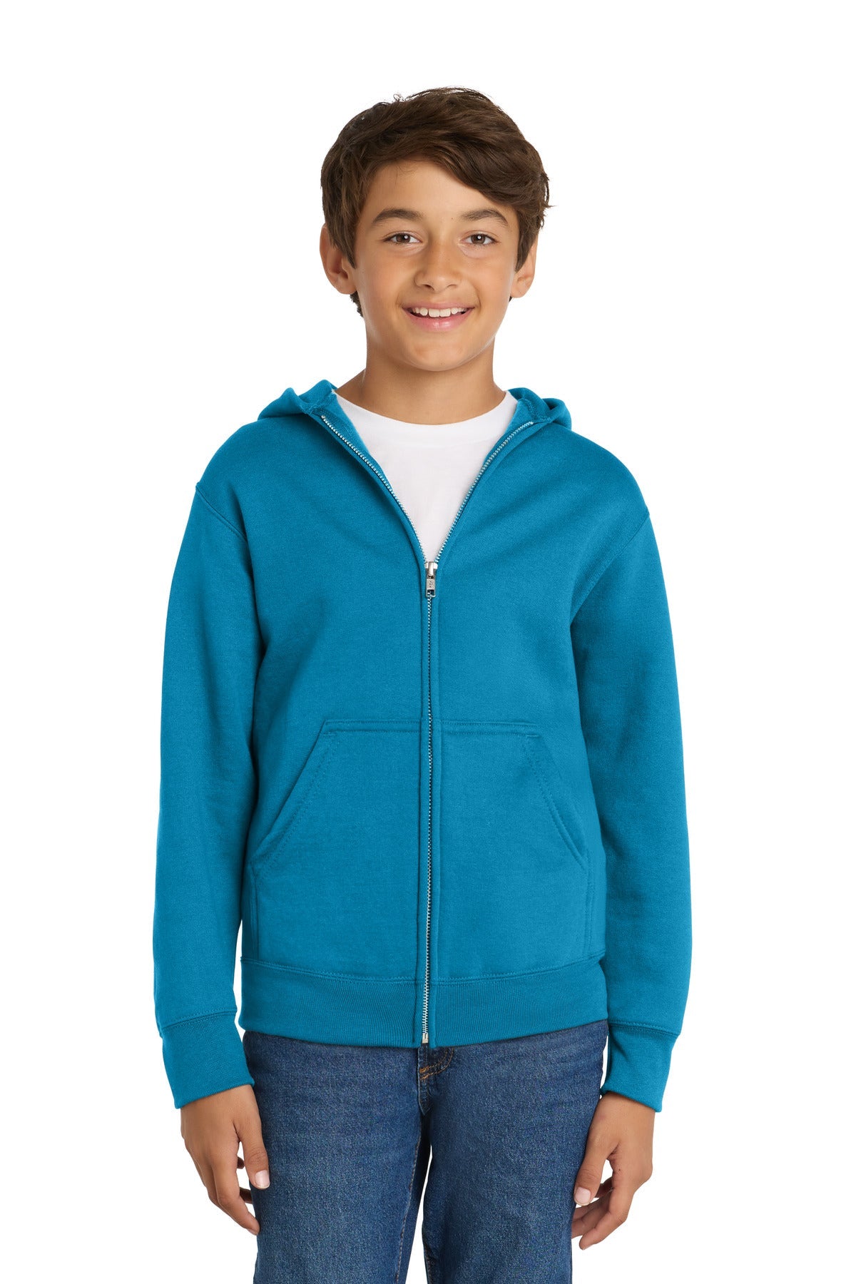 Neon Blue Port & Co Youth Core Fleece Full-Zip Hooded Sweatshirt. PC90YZH
