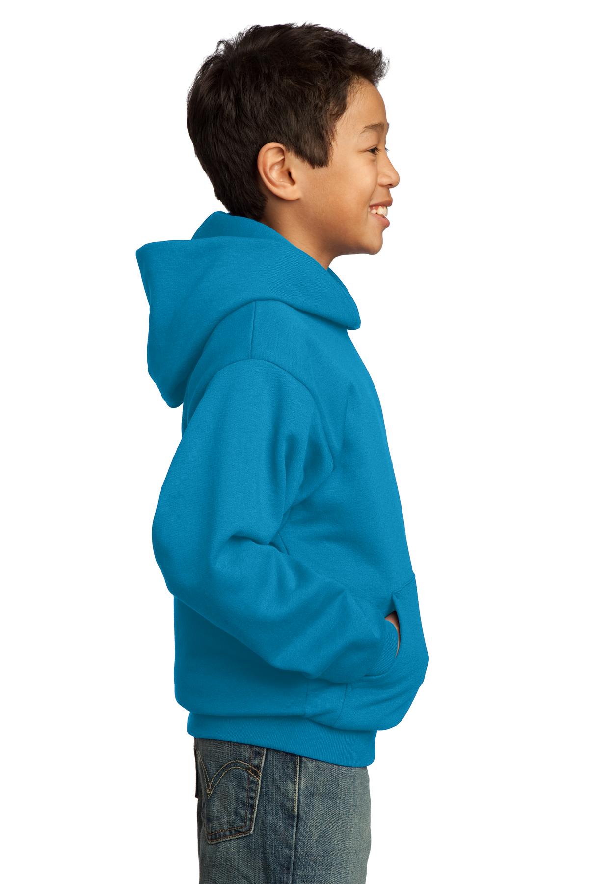 Neon Blue Port & Co Youth Core Fleece Pullover Hooded Sweatshirt. PC90YH