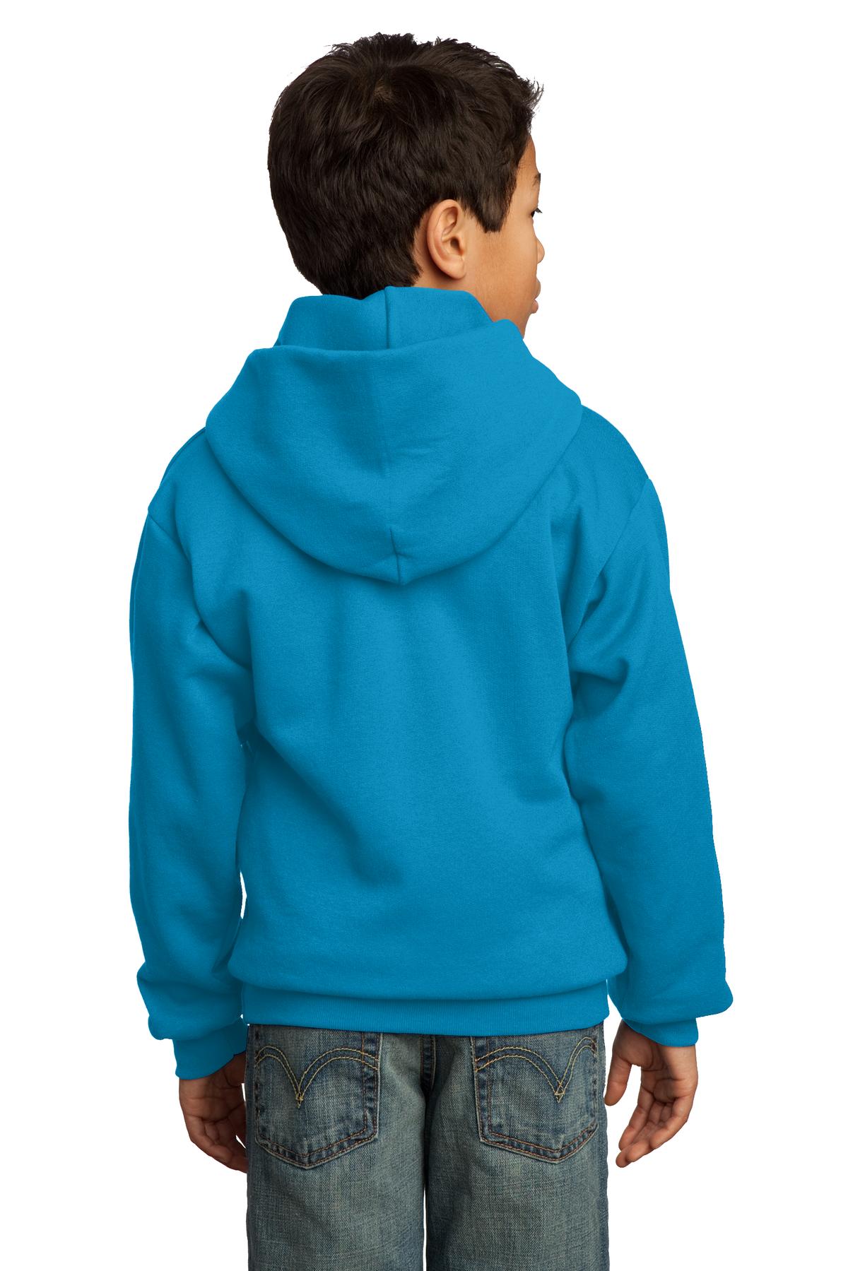 Neon Blue Port & Co Youth Core Fleece Pullover Hooded Sweatshirt. PC90YH