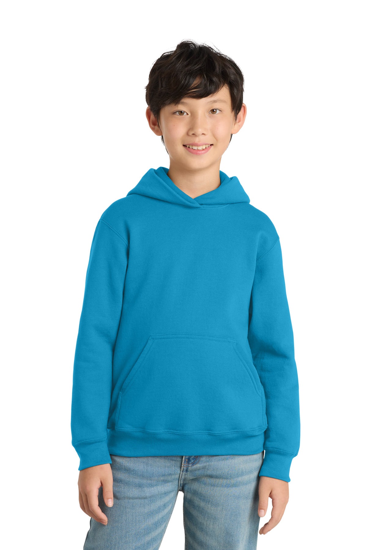 Neon Blue Port & Co Youth Core Fleece Pullover Hooded Sweatshirt. PC90YH