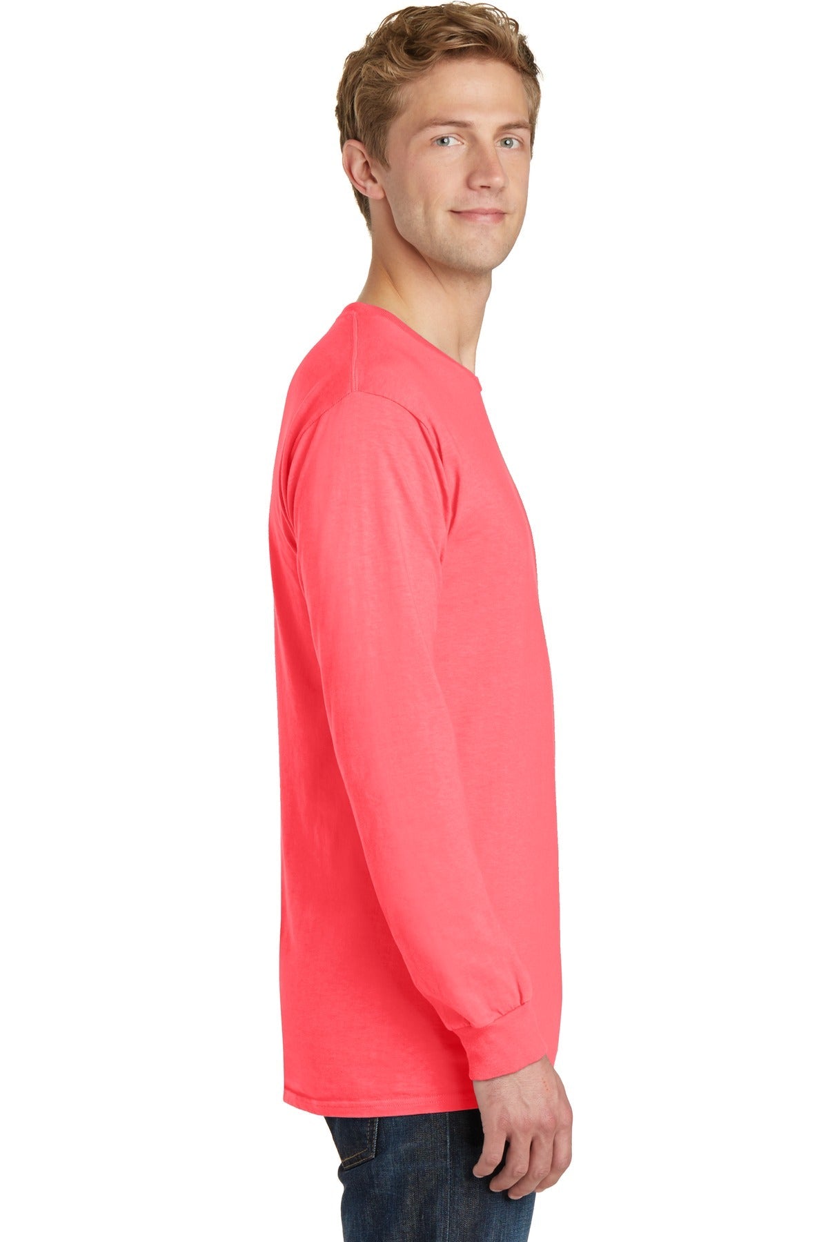 Neon Coral Port & Co Beach Wash Garment-Dyed Long Sleeve Tee PC099LS