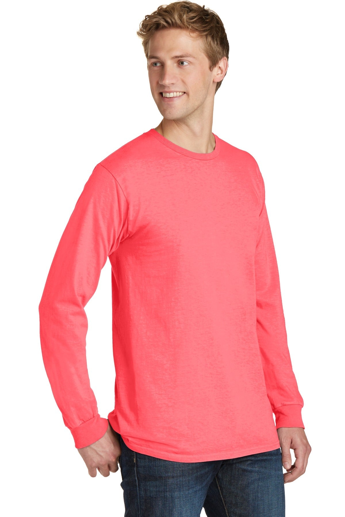 Neon Coral Port & Co Beach Wash Garment-Dyed Long Sleeve Tee PC099LS