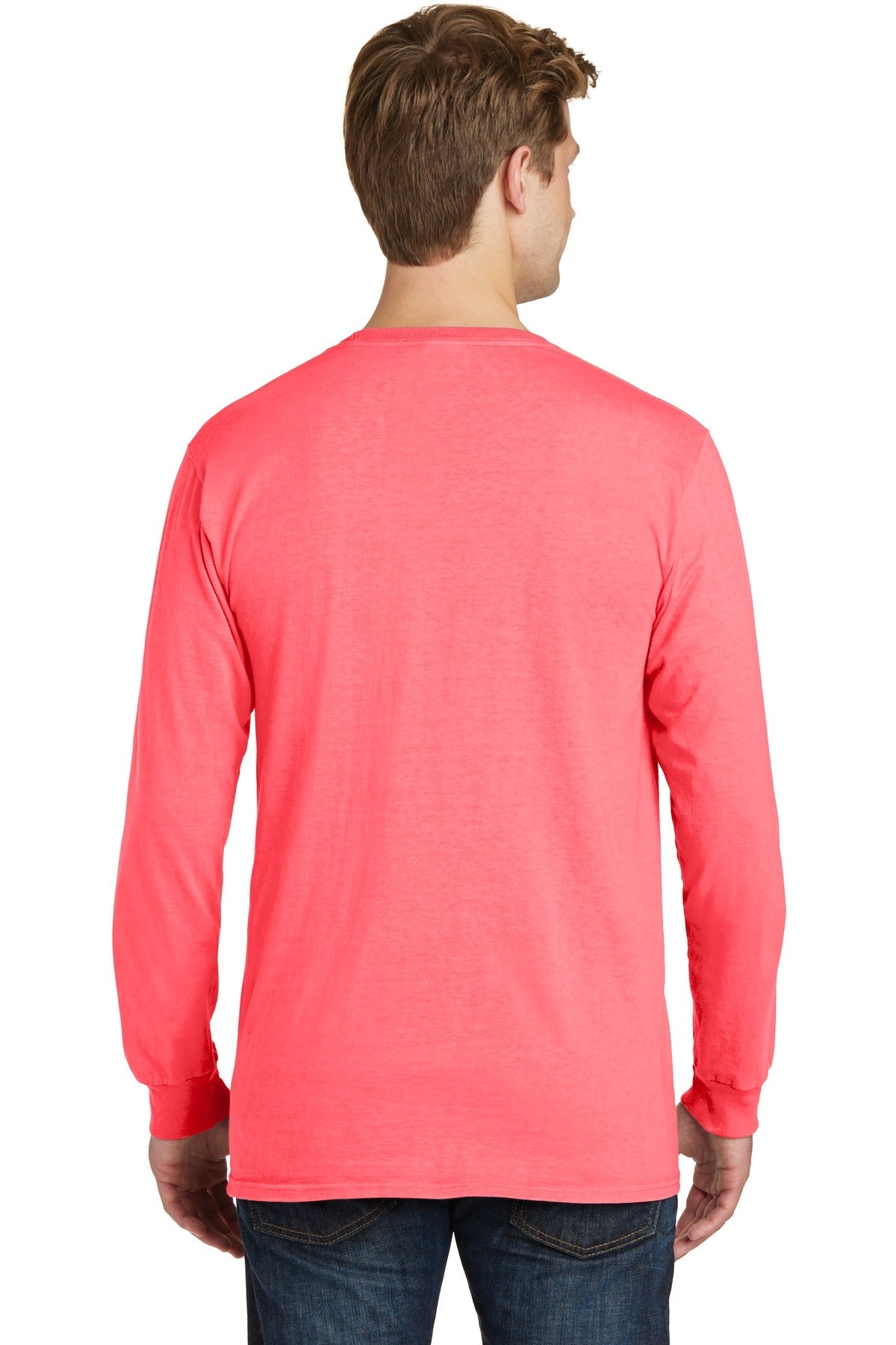 Neon Coral Port & Co Beach Wash Garment-Dyed Long Sleeve Tee PC099LS