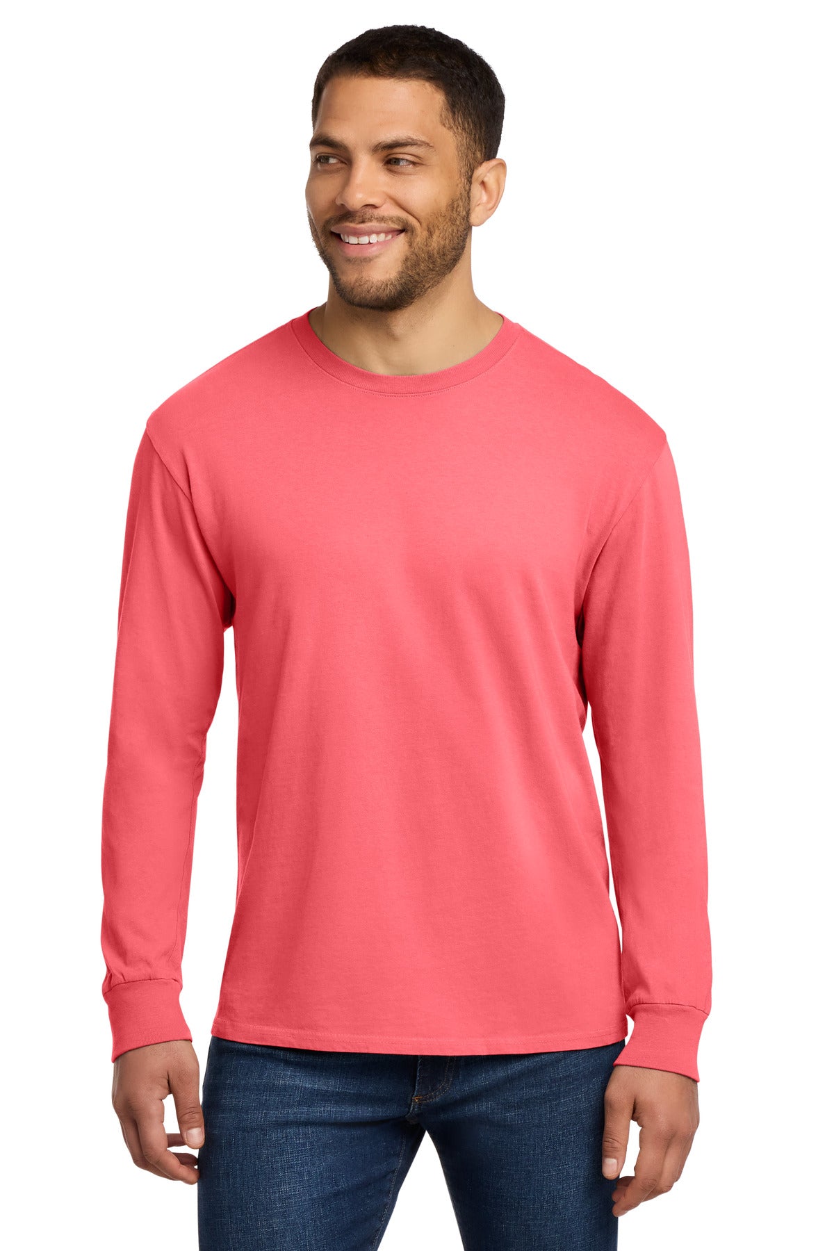 Neon Coral Port & Co Beach Wash Garment-Dyed Long Sleeve Tee PC099LS