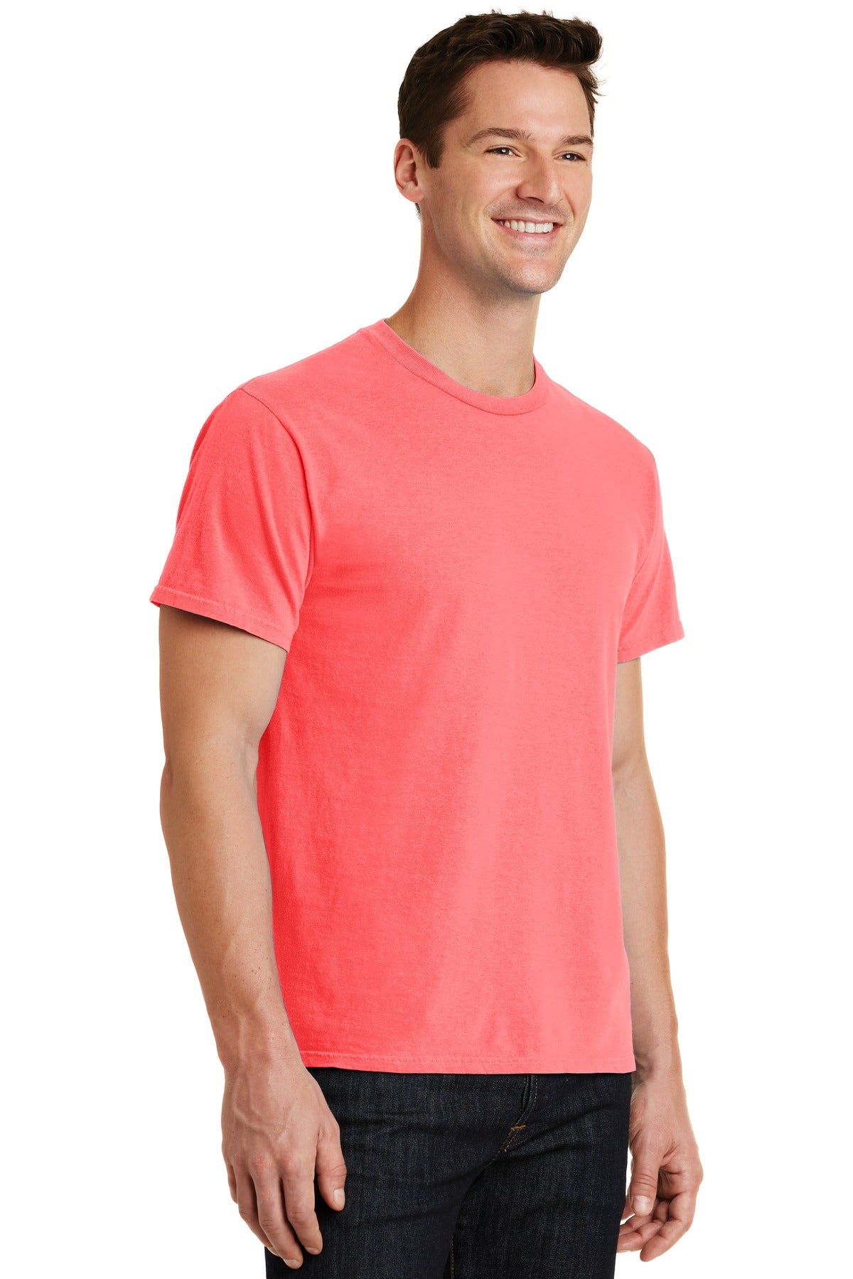 Neon Coral Port & Co Beach Wash Garment-Dyed Tee. PC099
