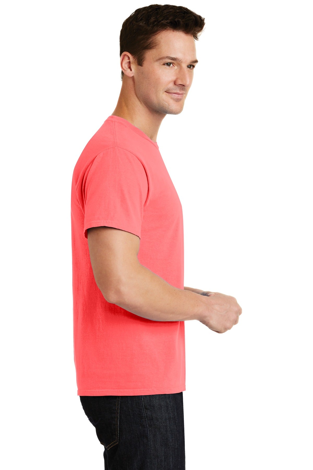 Neon Coral Port & Co Beach Wash Garment-Dyed Tee. PC099