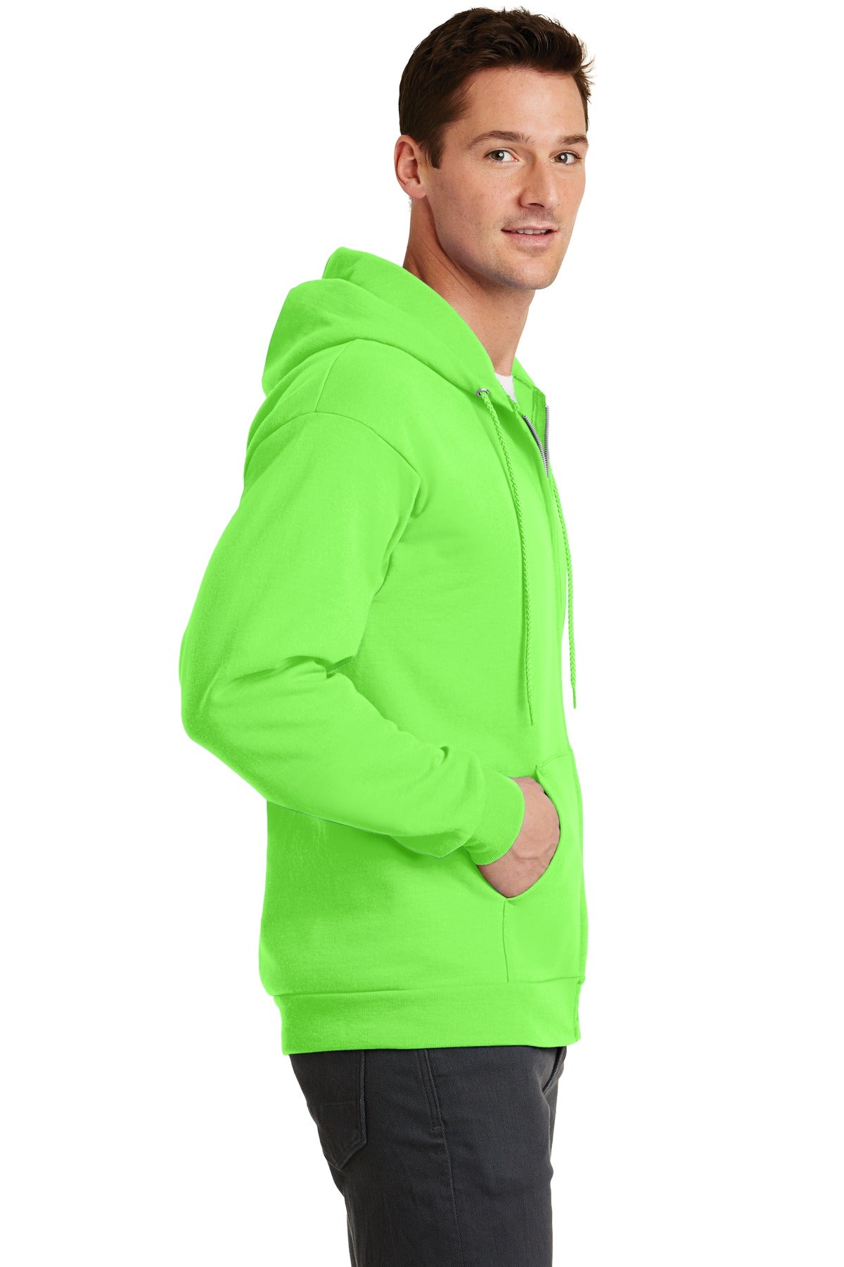 Neon Green Port & Co Core Fleece Full-Zip Hooded Sweatshirt. PC78ZH