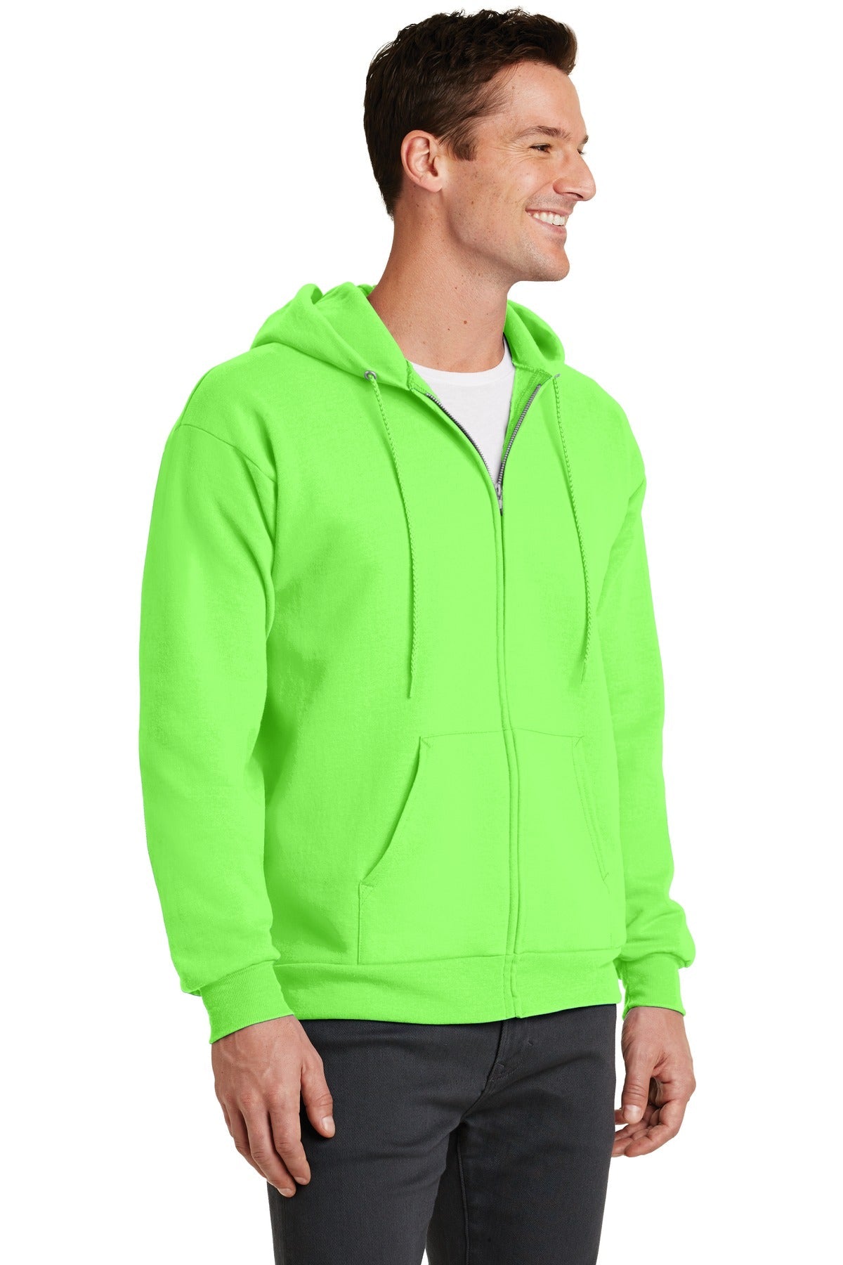 Neon Green Port & Co Core Fleece Full-Zip Hooded Sweatshirt. PC78ZH