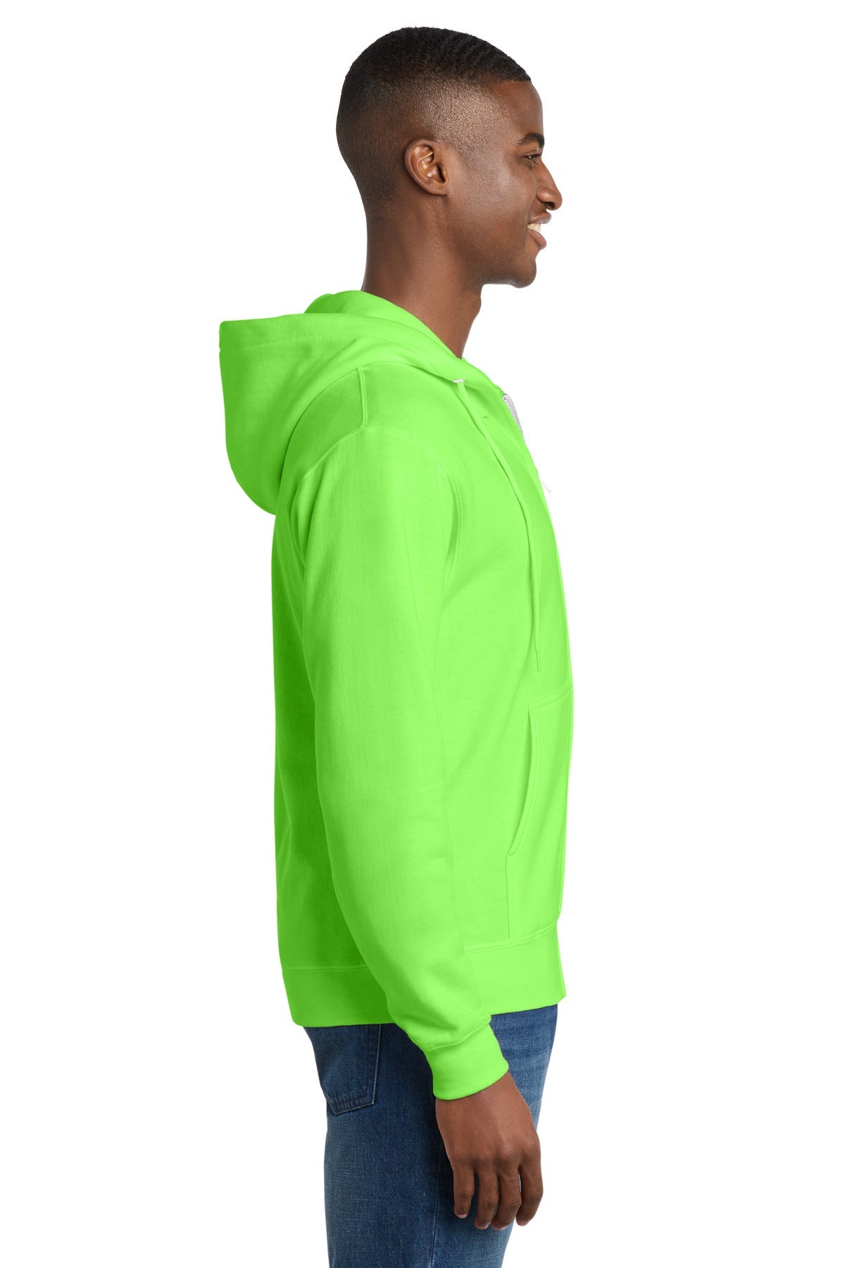 Neon Green Port & Co Core Fleece Full-Zip Hooded Sweatshirt. PC78ZH