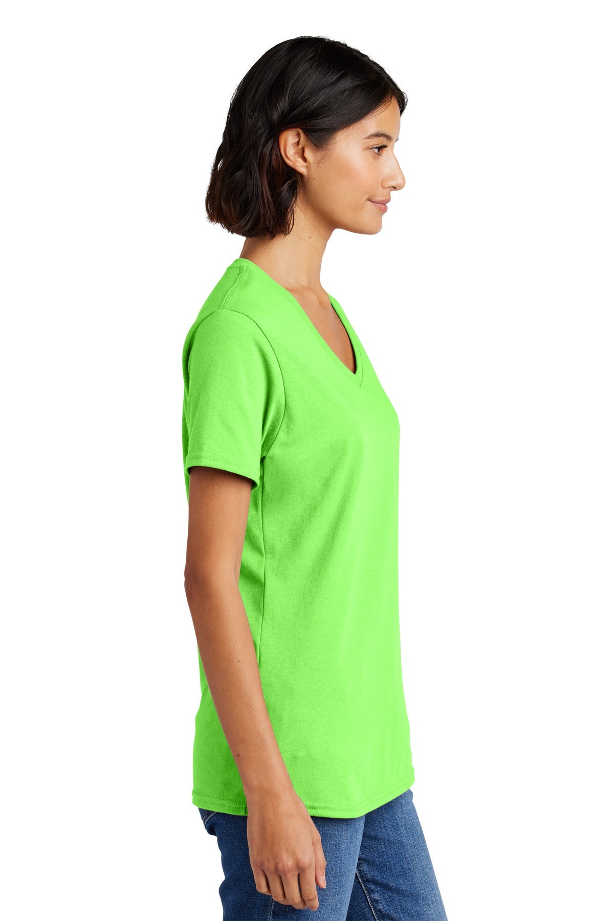 Neon Green Port & Co Women's Core Cotton V-Neck Tee. LPC54V
