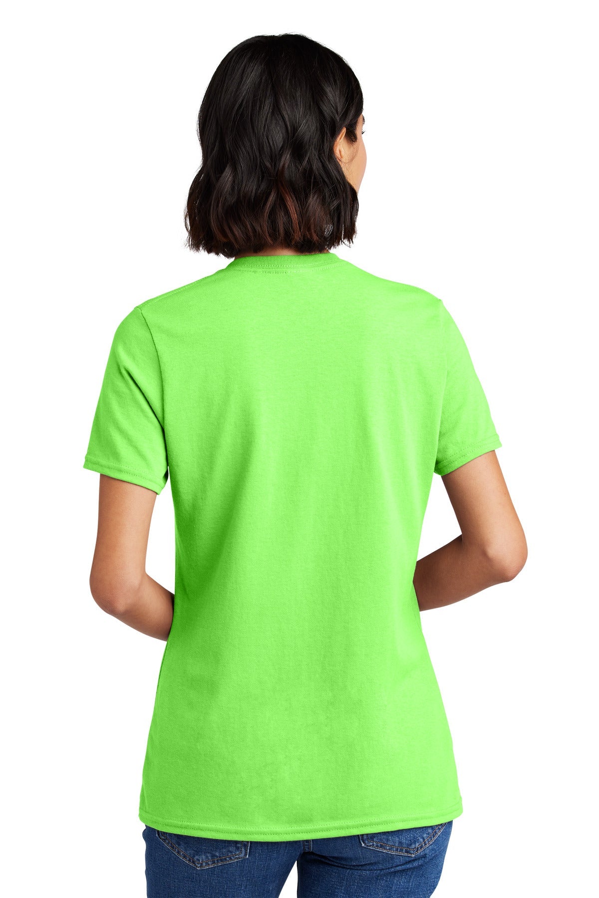 Neon Green Port & Co Women's Core Cotton V-Neck Tee. LPC54V