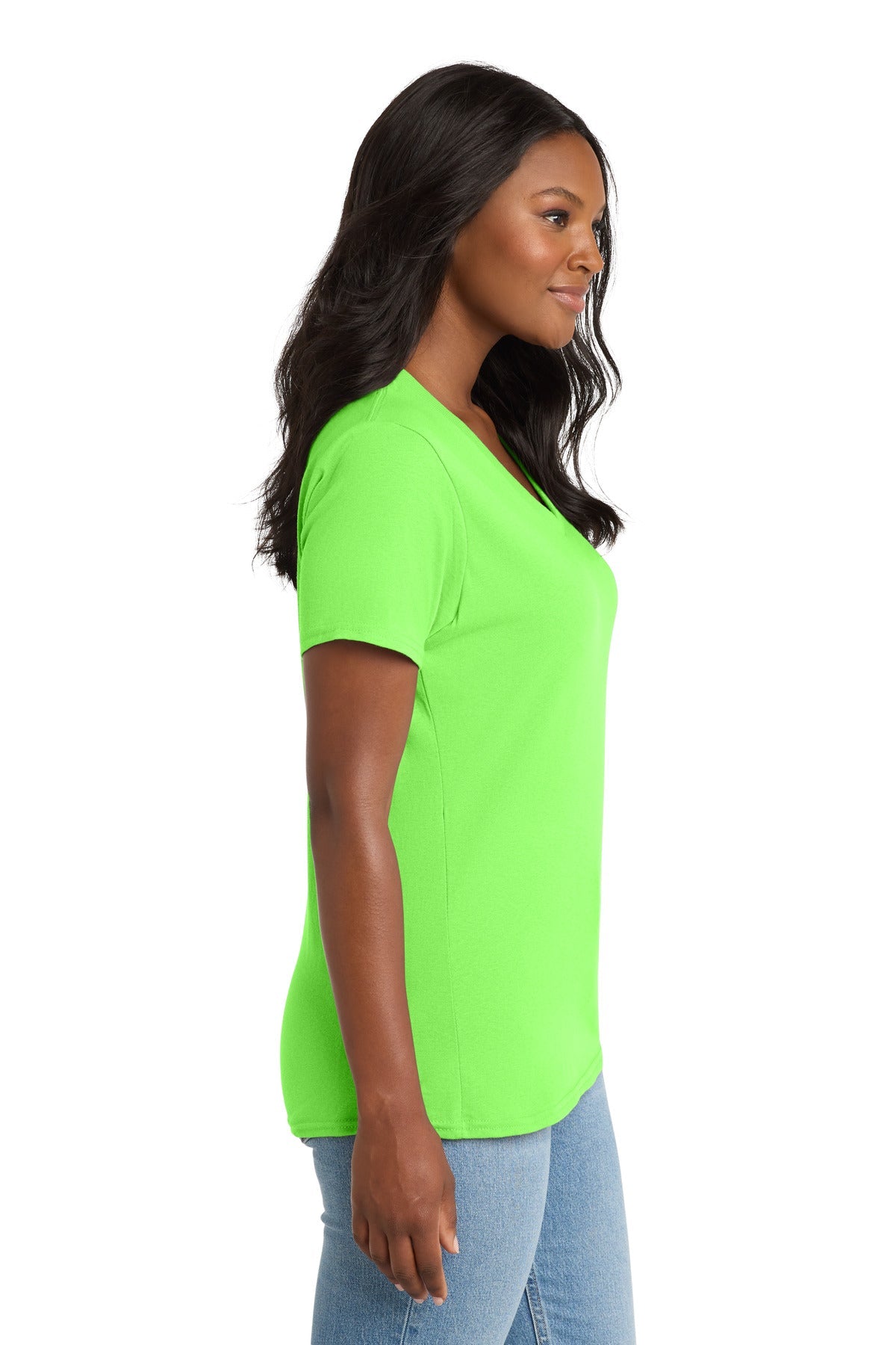 Neon Green Port & Co Women's Core Cotton V-Neck Tee. LPC54V