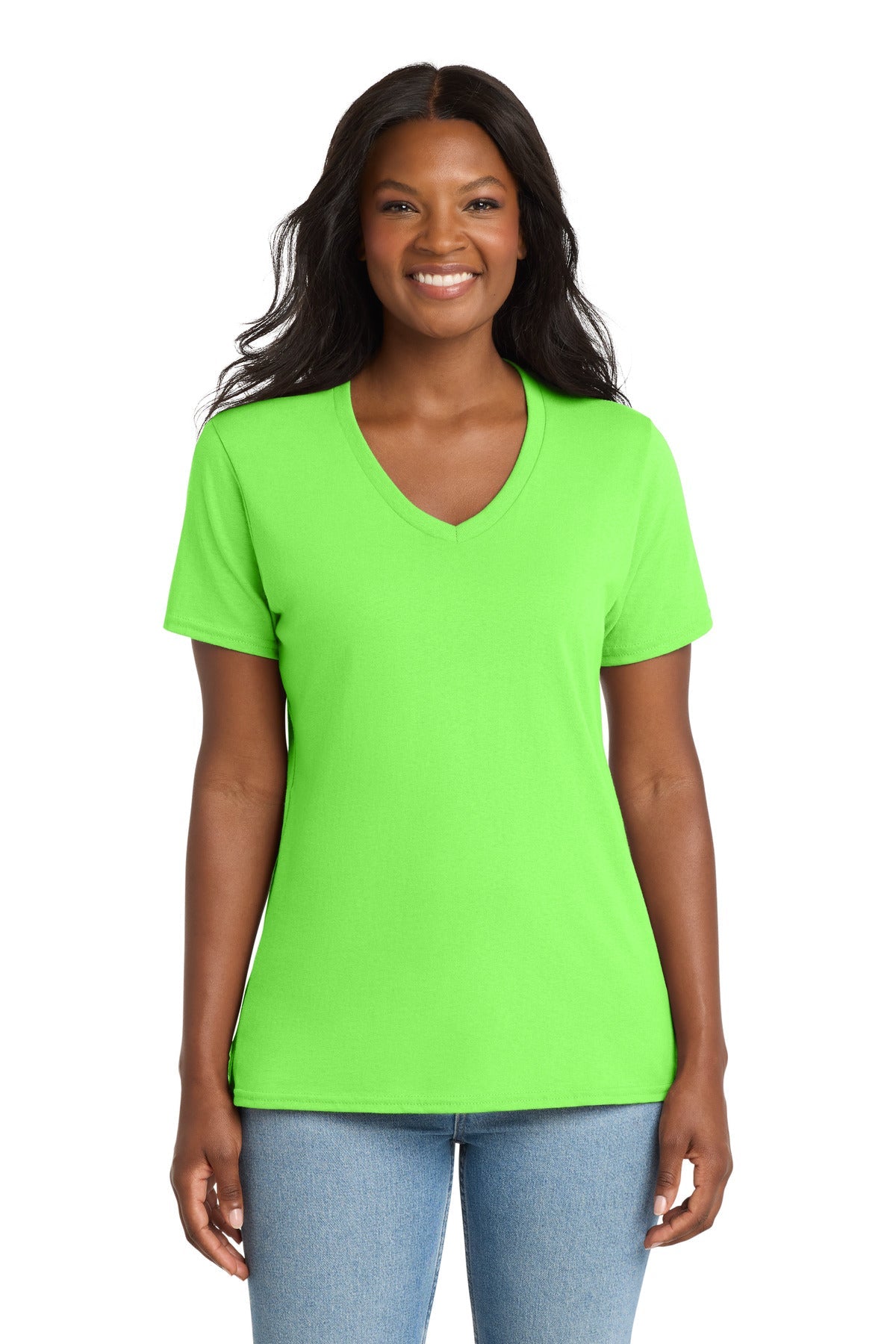 Neon Green Port & Co Women's Core Cotton V-Neck Tee. LPC54V