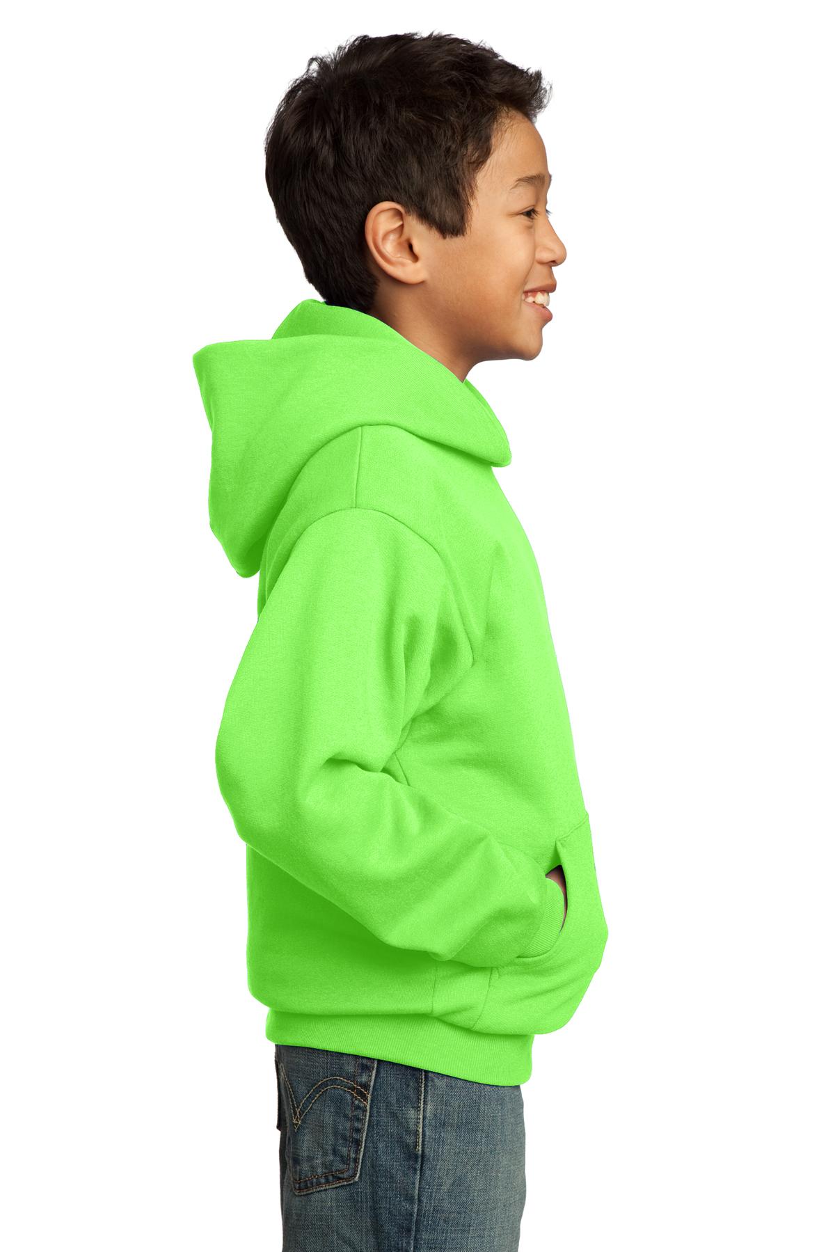 Neon Green Port & Co Youth Core Fleece Pullover Hooded Sweatshirt. PC90YH