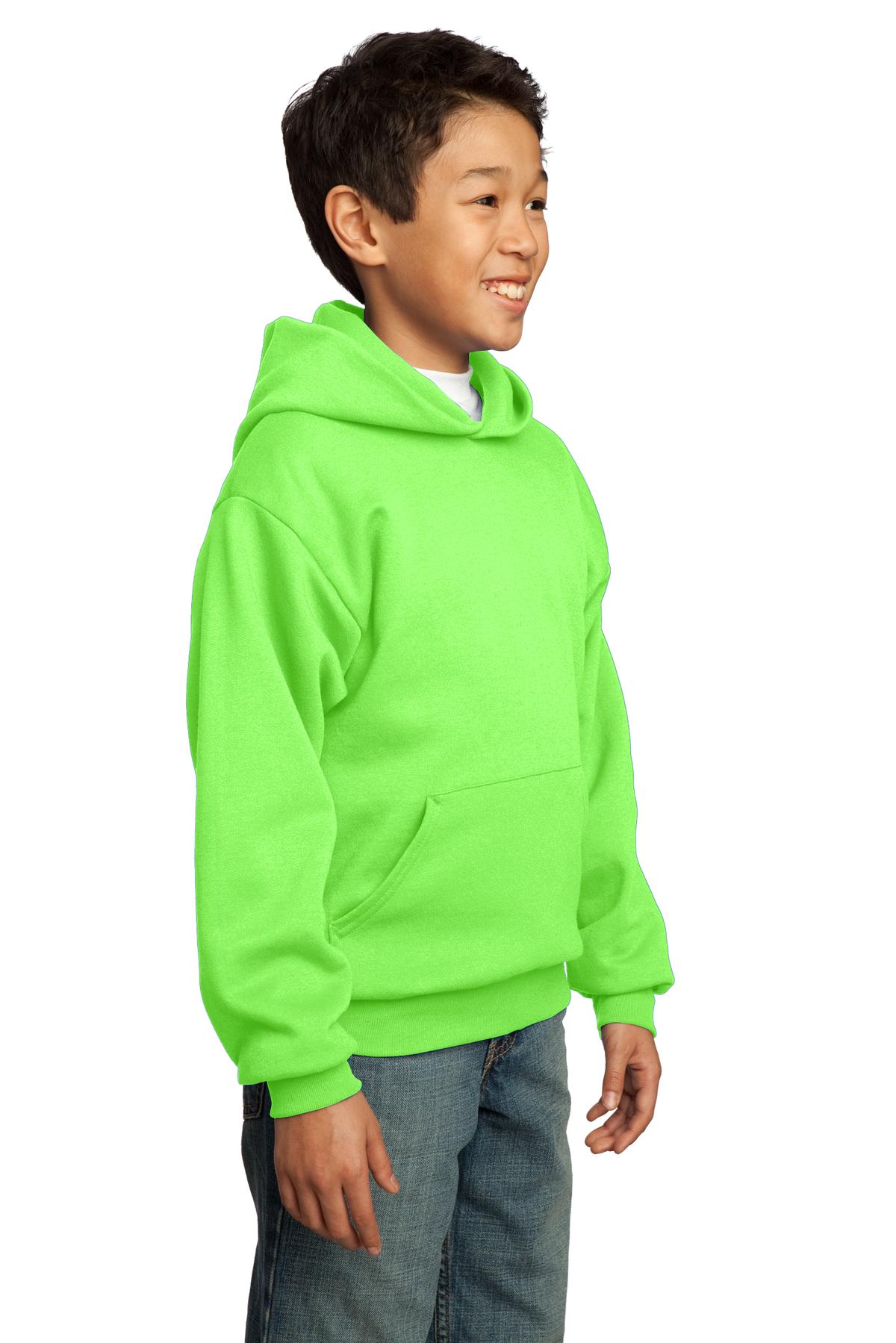 Neon Green Port & Co Youth Core Fleece Pullover Hooded Sweatshirt. PC90YH