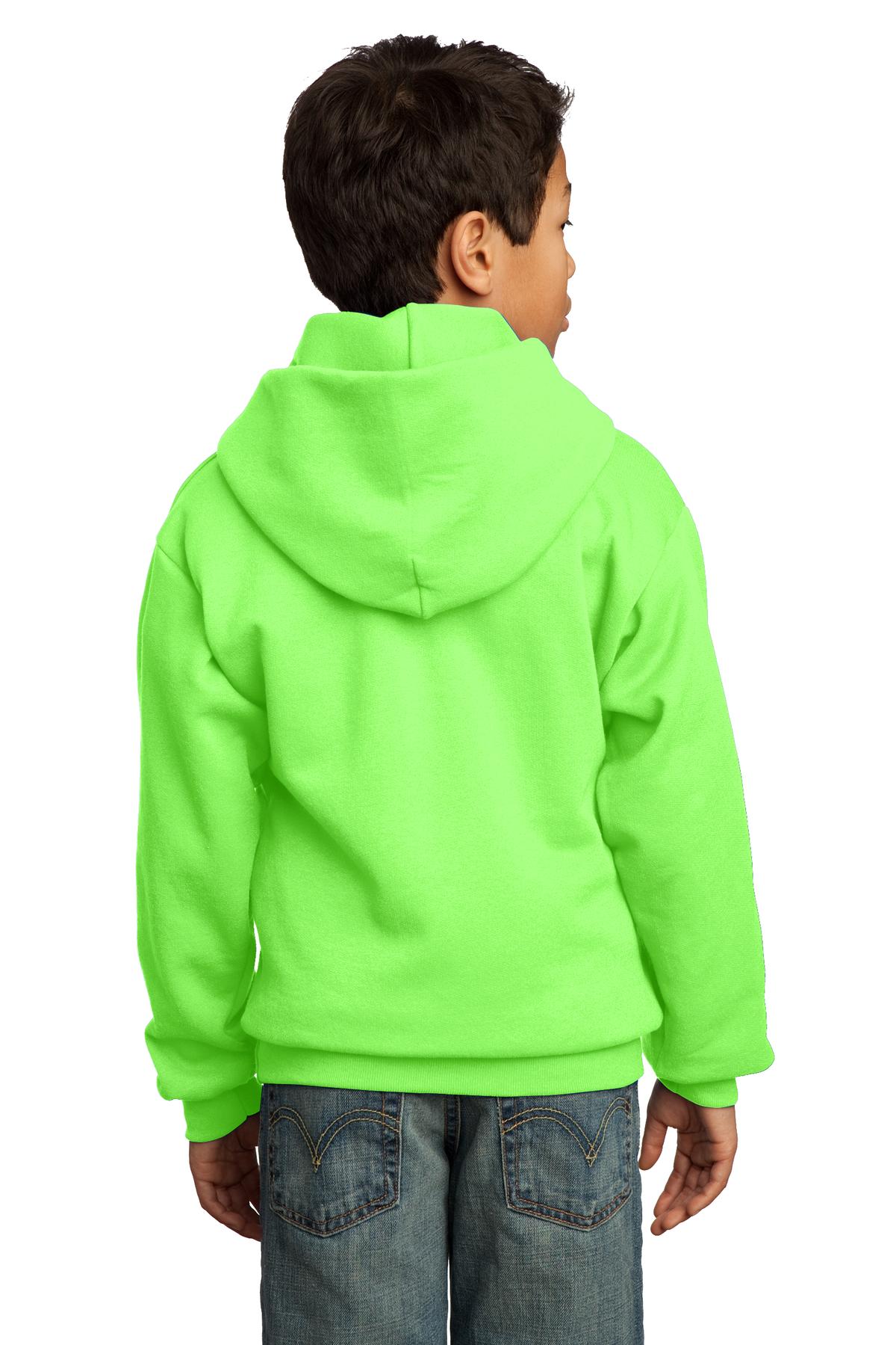 Neon Green Port & Co Youth Core Fleece Pullover Hooded Sweatshirt. PC90YH