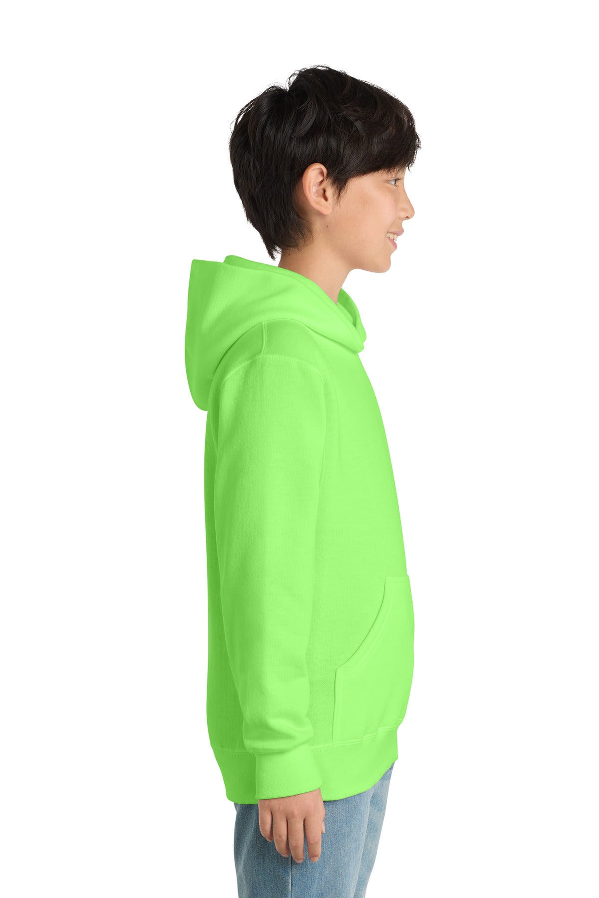 Neon Green Port & Co Youth Core Fleece Pullover Hooded Sweatshirt. PC90YH